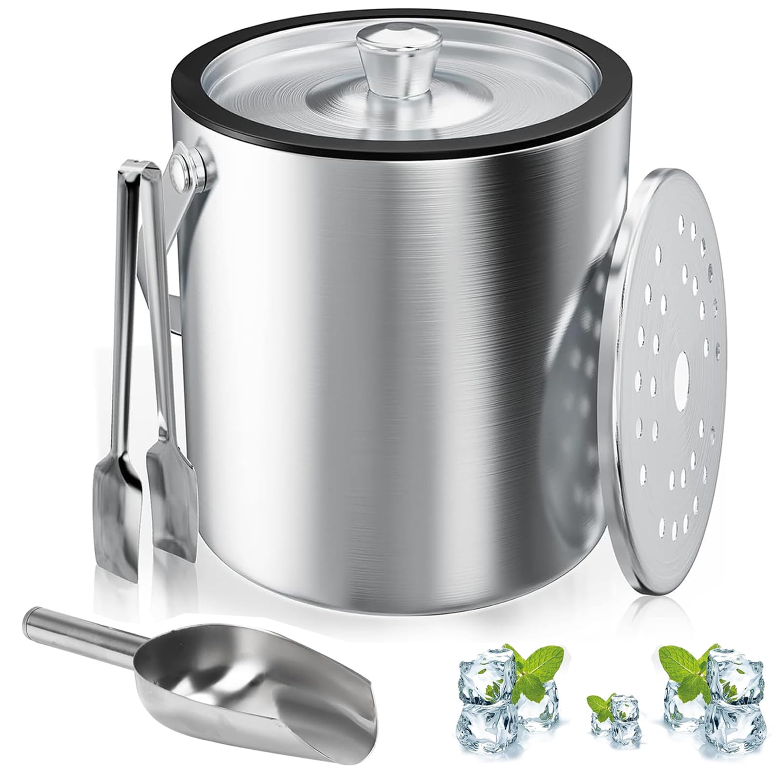 Bac à glaçons rond avec tamis et pince à glace, bac à glaçons de 2 l, seau à glace en acier inoxydable, seau à glace avec pelle, refroidisseur à glaçons pour bar, pour refroidir la bière, le champagne