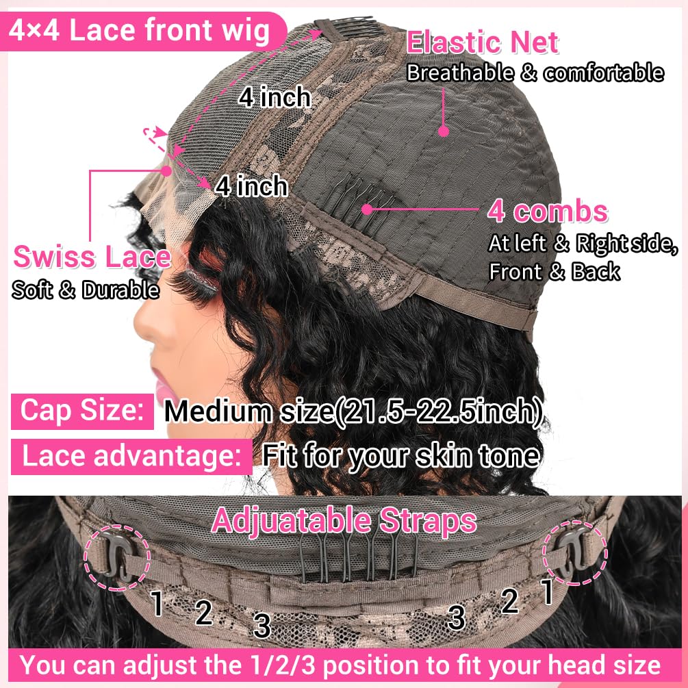 Wear and Go Glueless Wigs Human Hair Pre Plucked Pre Cut Bob 4x4 Curly Wave Lace Front Wig 180% Density No Glue Human Hair Wigs for Black Women, Natural Black 1B, 8 Inch