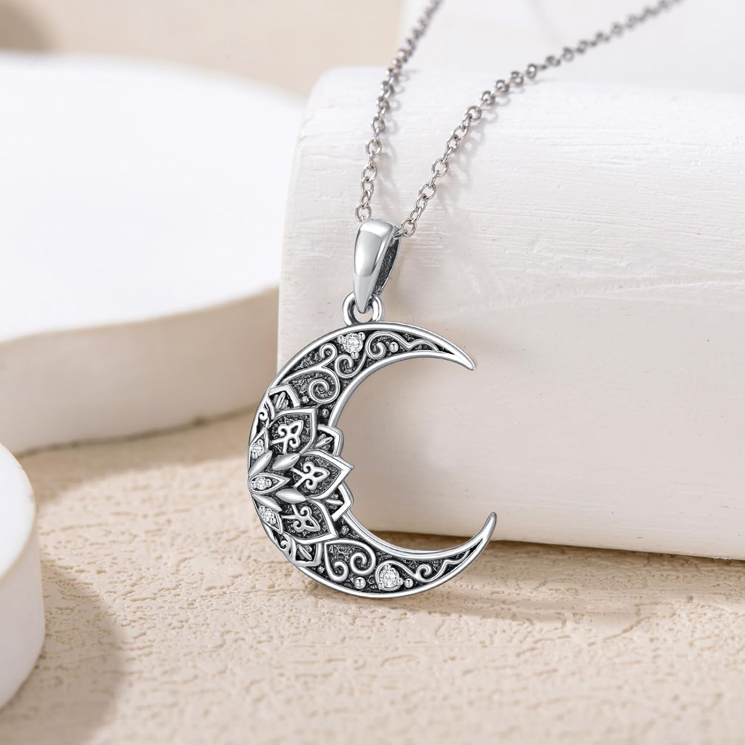 Diamond Moon Necklace 925 Sterling Silver Moon Pendant Lotus Moon Pendant Necklace Jewelry Gifts for Women Wife Girlfriend - Image 2