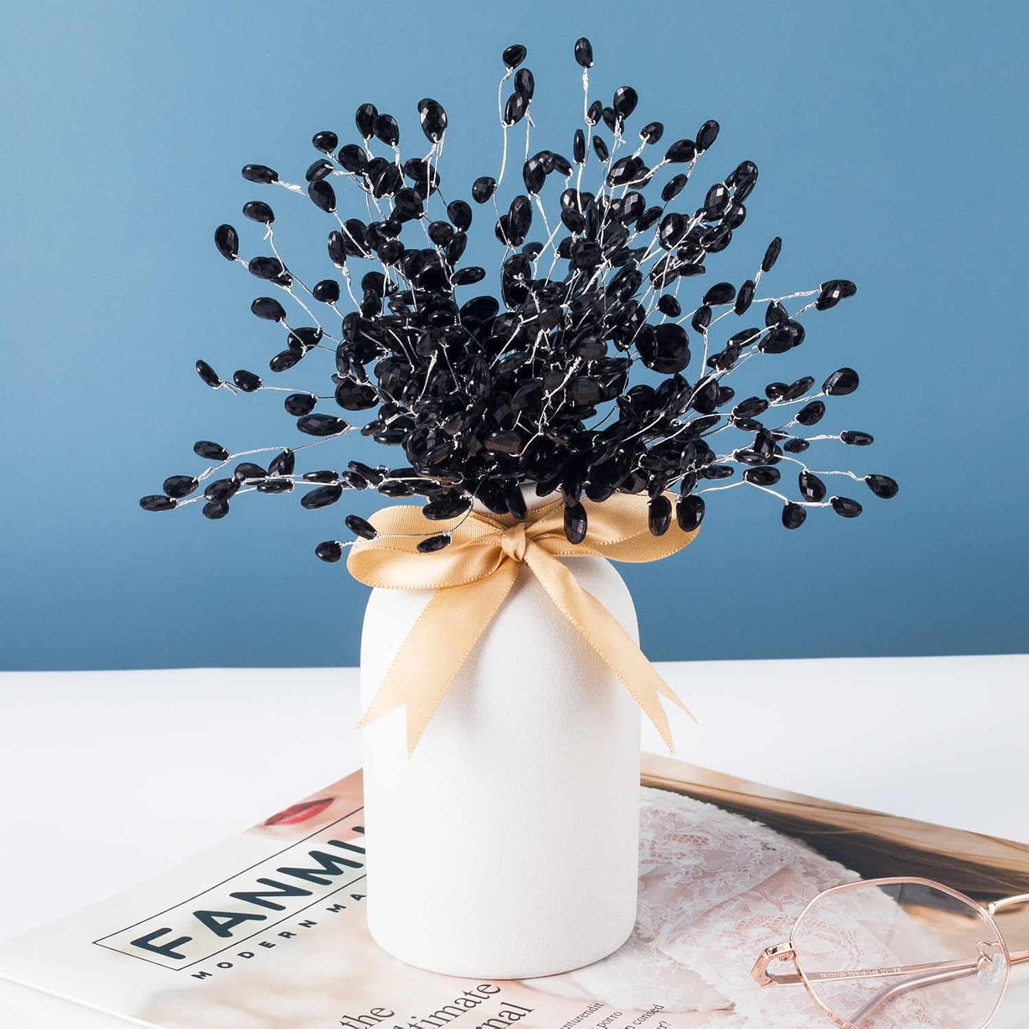 BEIQIYA 25pcs Acrylic Crystal Flower Branches, Artifial Bead Drop Bouquets, Glitter Floral Acrylic Picks Arrangement for Wedding Christmas Thanksgiving Day Home Office Table Top Decortaion- Black