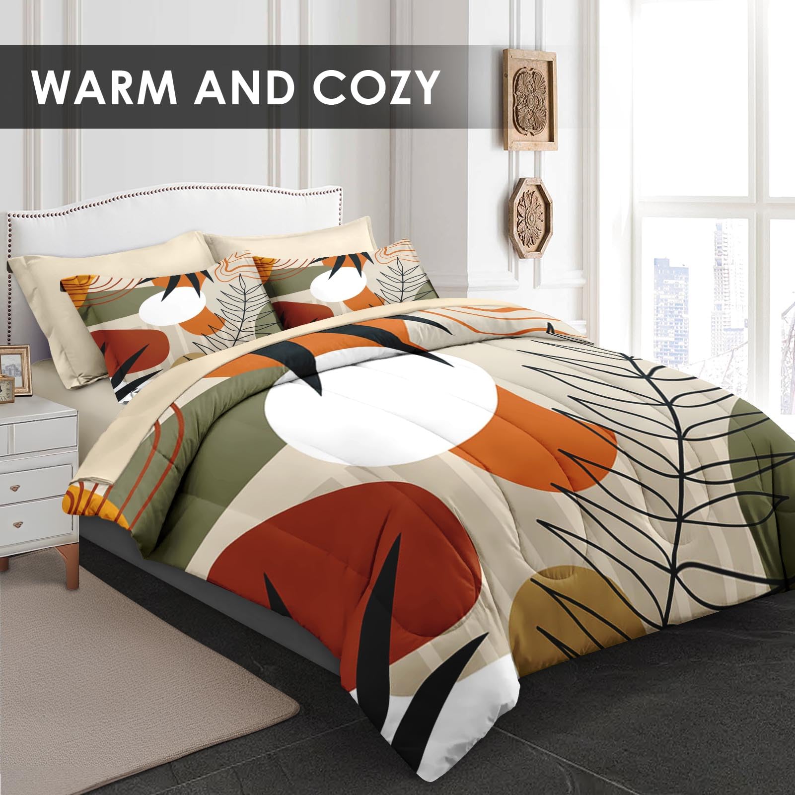 Pamnest Comforter Set Queen Size, Leaves Flower Summer 7 Pcs Bedding for Kids and Adults, Spring Leaf Floral Bed Sheet Sets with Fitted Sheet 2 Pillowcase & 2 Sham for Bedroom Bed Decor