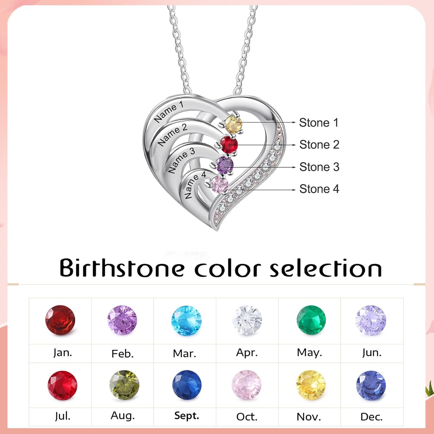 925 Sterling Silver Personalized Heart Mothers Necklace with Birthstones Custom 2-6 Engraved Name Necklaces for Women Family Mothers Day Christmas Birthday Gifts for Mom Grandma Wife