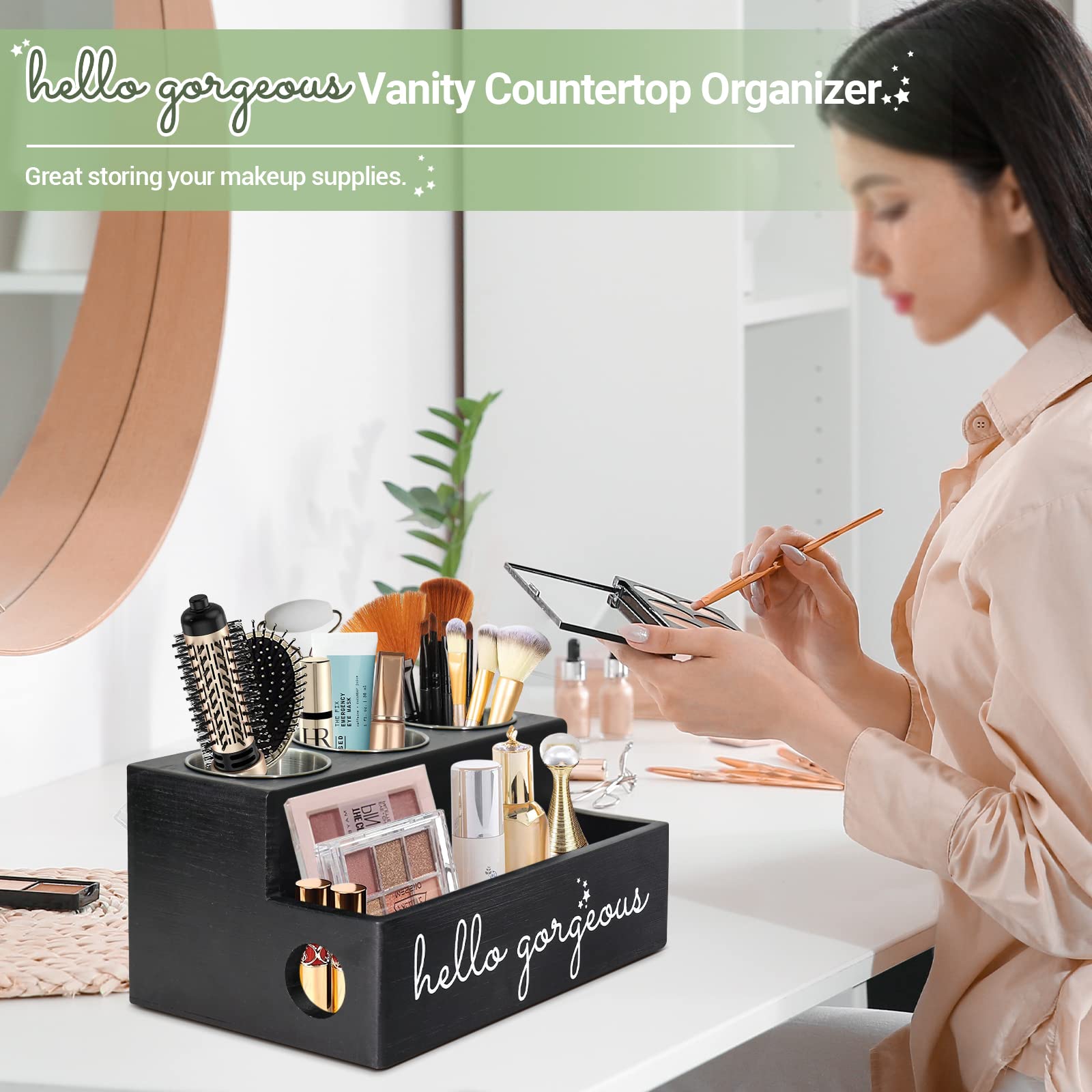 Seashpea Wandorganizer Für Haarwerkzeuge – Aus Holz, Mit Edelstahlbecher – Für Föhn, Glätteisen, Lockenstab & Bürsten, 4-in-1, Braun