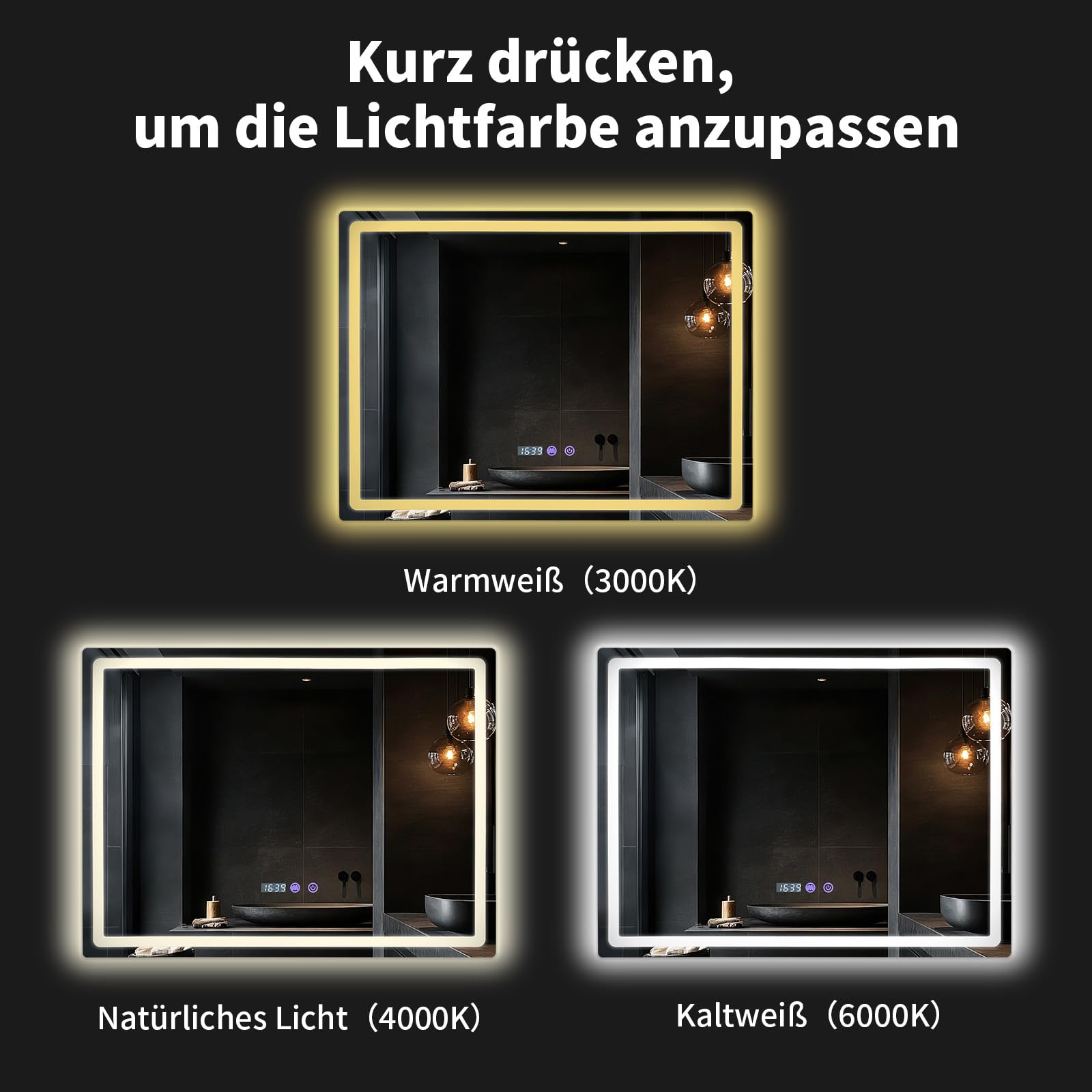 Treeboy Badspiegel mit Beleuchtung 70x50cm - LED Badezimmerspiegel mit Uhr, Temperatur & Feuchtigkeitsanzeige - Gehärteter mit Beschlagfrei, Touch-Schalter, 3 Lichtfarben Dimmbar, IP44 Wandspiegel