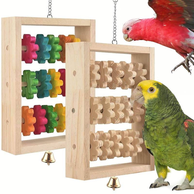 Brinquedo para Aves de Madeira Natural com Blocos Giratórios DBNESS, Pacote com 2