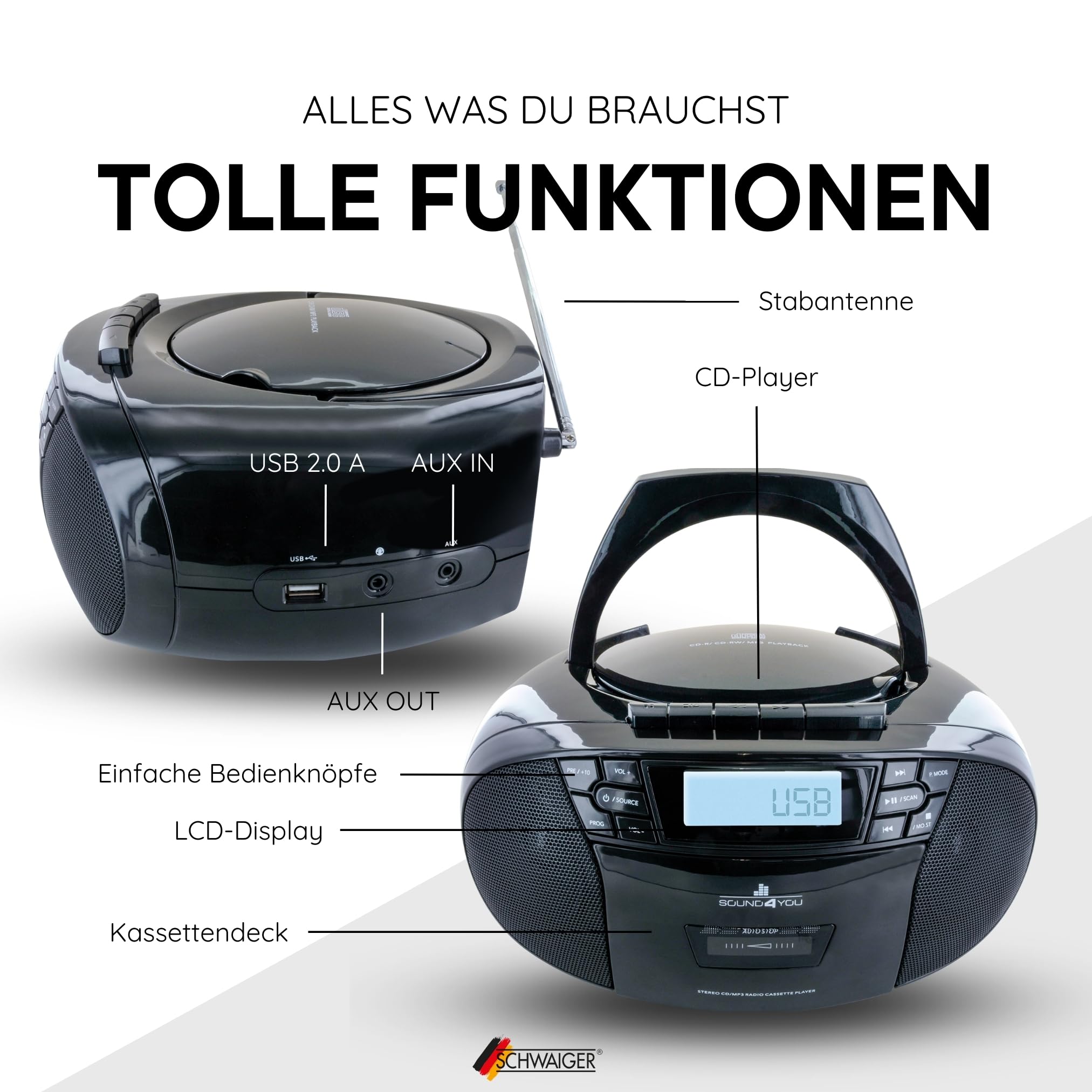 SCHWAIGER -658026- Przenośny odtwarzacz CD z kasetami i radiem | MP3 | Złącze USB | Radio FM | Słuchawki AUX | Boombox | Stereo | do domu i w podróży | Zasilanie sieciowe i akumulatorowe | Wyświetlacz