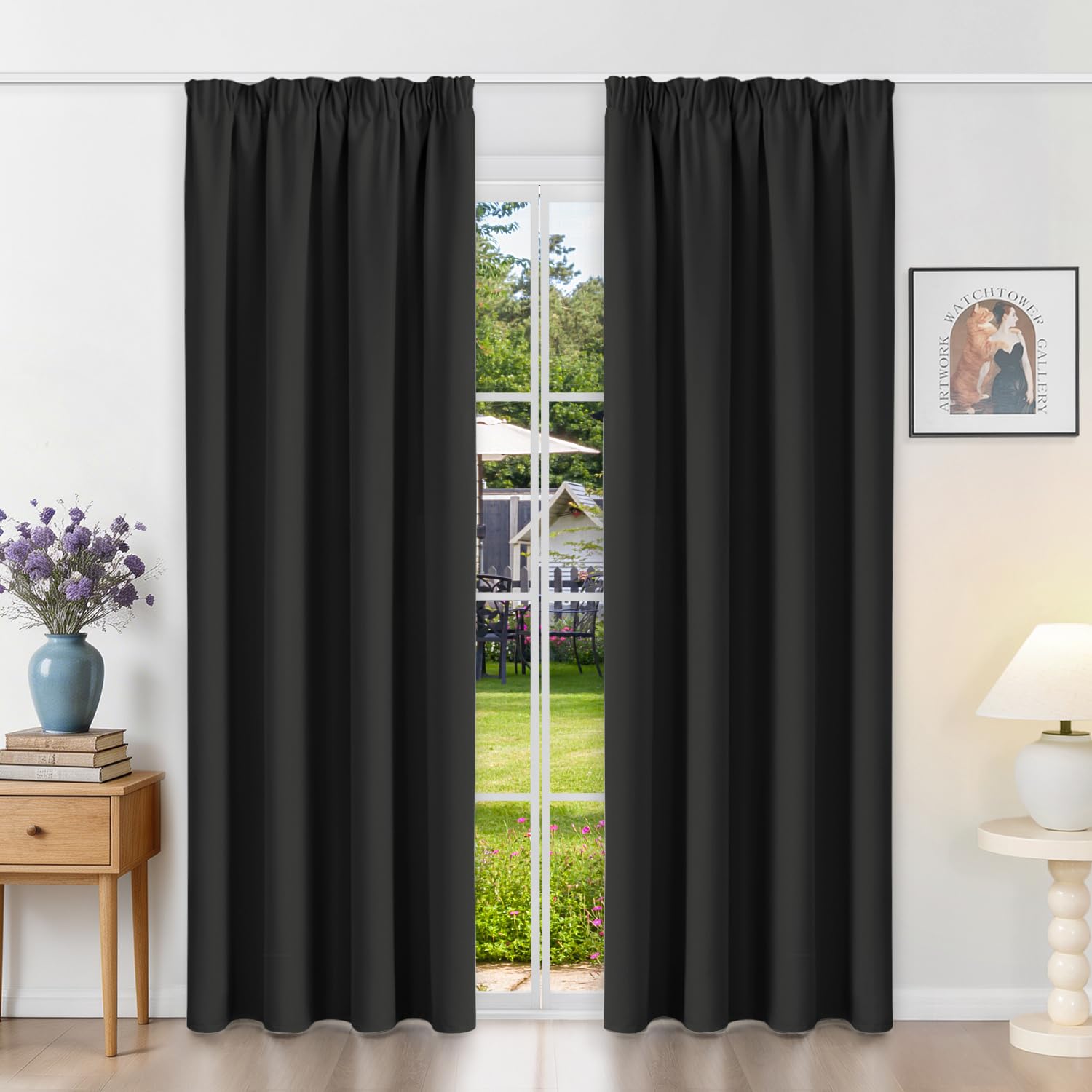 Runyéla Pencil Pleat Blackout Curtains for Bedroom Thermal Curtain 52 x 84 Inch Drop Living Room Kitchen 2 Panels Black