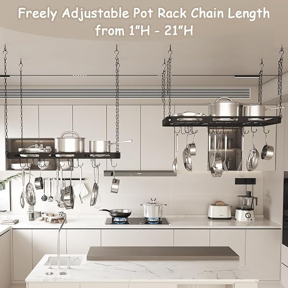 33 Pots and Pans Hanging Rack, Black Metal Hanging Pot Rack Ceiling Mount | Heavy-duty Metal Square Kitchen Ceiling Pot Rack with 15 Hooks, Pot and Pan Hanger for Kitchen Cookware Utensils