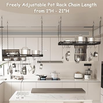 33 Pots and Pans Hanging Rack, Black Metal Hanging Pot Rack Ceiling Mount | Heavy-duty Metal Square Kitchen Ceiling Pot Rack with 15 Hooks, Pot and Pan Hanger for Kitchen Cookware Utensils