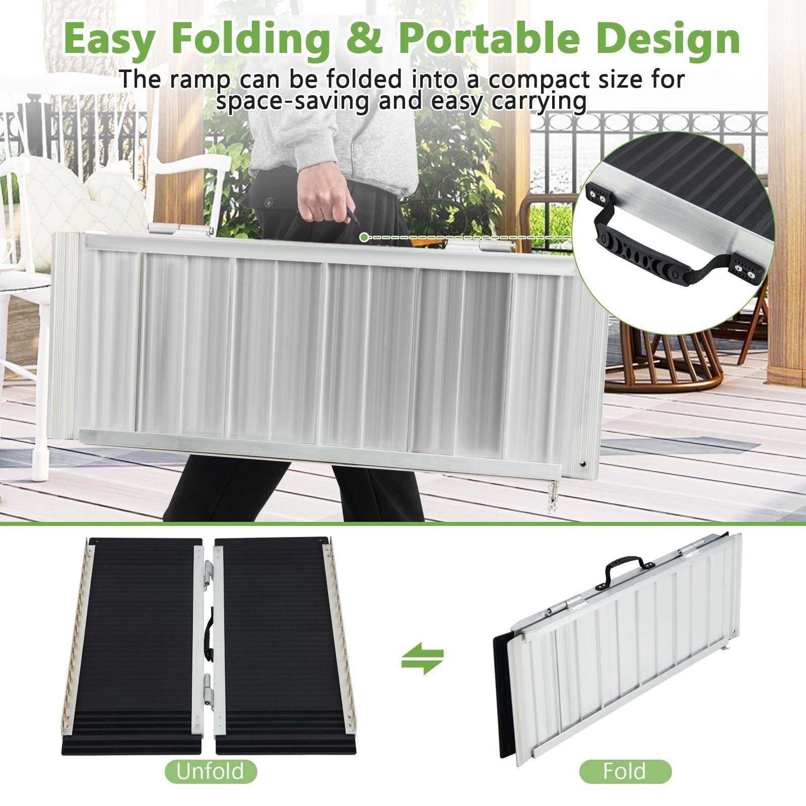 Rampa portátil de aluminio con superficie antideslizante y calcomanías reflectantes para acceso de silla de ruedas en escalones y escaleras