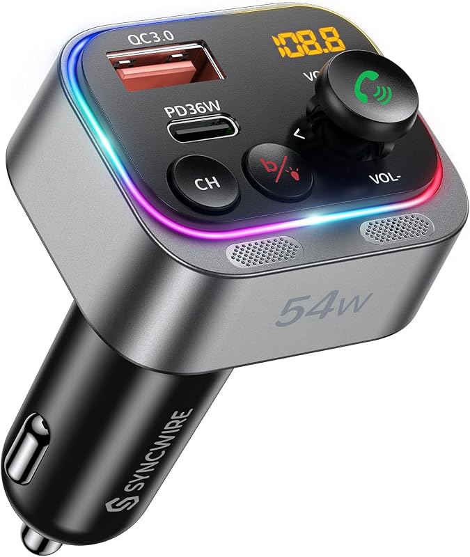 Transmisor FM Bluetooth 5.4 Adaptador para automóvil 54W (PD 36W y 18W) [Micrófonos duales más potentes] [Interruptor de luz] [Sonido de graves HiFi] [Carga rápida] Receptor de radio inalámbrico Llamadas manos libres Pantalla LED | [Micrófonos duales más potentes] [Sonido de graves de alta fidelidad] [Carga rápida] Receptor de radio inalámbrico Llamadas manos libres Pantalla LED