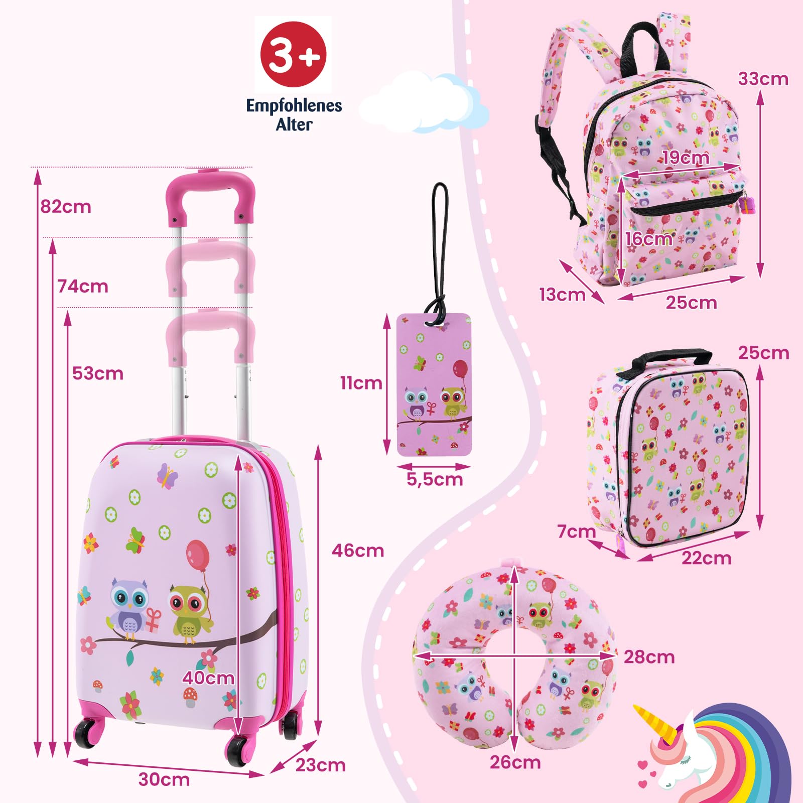 DREAMADE 5tlg Kinderkoffer Set, Kinder Reisekoffer mit Rucksack, Nackenkissen, Lunchtasche & Kofferanhänger, Reisetrolley mit Rollen für Kinder ab 3 Jahren, 30 x 23 x 46cm (Pink-Eule)