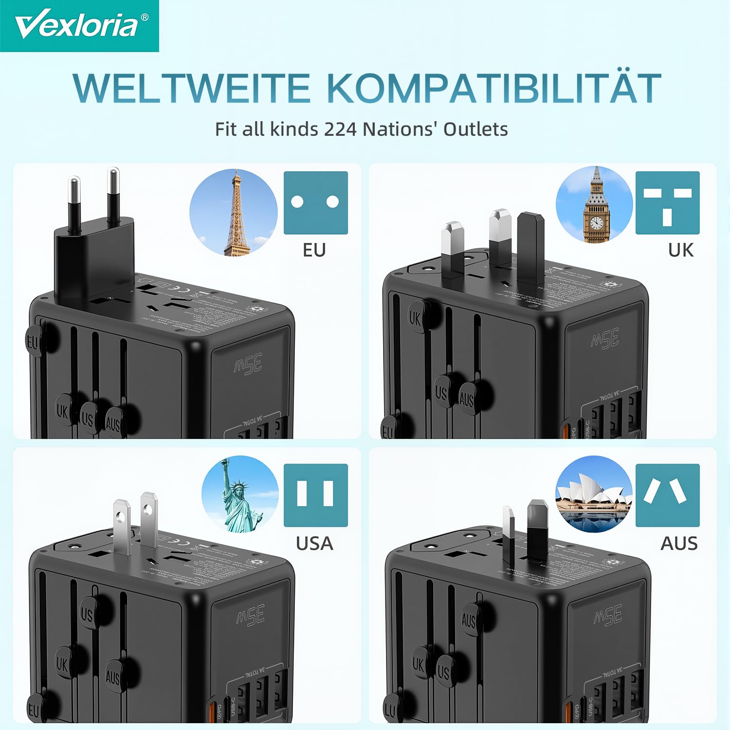 Vexloria Adaptateur Prise Universelle, avec PD35W+3USB A+1 USB C, 5 in1 Travel Adapter Internationale Adaptateur de Voyage pour Les États-Unis, l'Angleterre, la Thaïlande, l'Australie