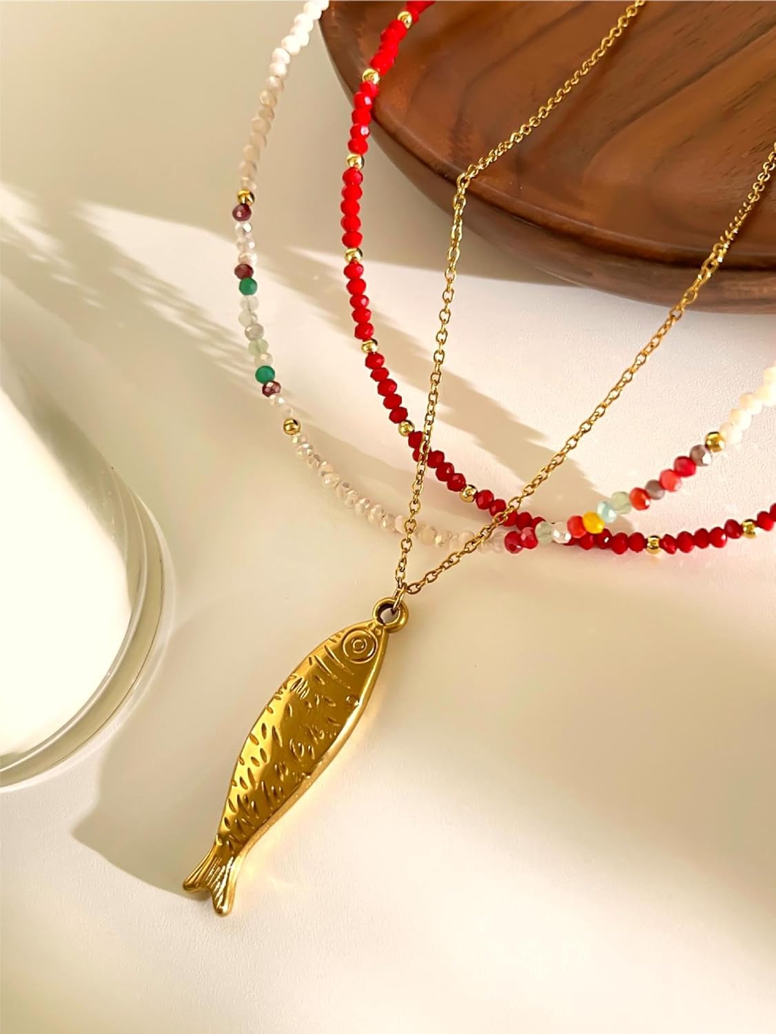 Fish Necklace, 14K Gold Plated Layered Beach Summer Y2k Pendant Necklaces Beachy Choker Beaded Charm Non Tarnish Statement Dainty Stack Stainless Steel Jewelry Gift - Image 6