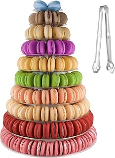 10-Tier Clear Macaron Display Stand, Plastic Macaron Tray Tower with Stainless Steel Serving Tongs, Clear Round Macaron Display Rack, Cupcake Dessert Stand for Weddings, Birthday Parties, Bakeries