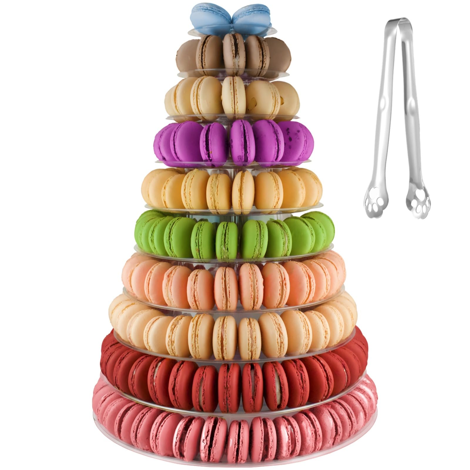 10-stöckiger transparenter Macaron-Präsentationsständer, Kunststoff-Macaron-Tabletttt, Turm mit Edelstahl-Servierzange, transparentes rundes Macaron-Display-Rack, Cupcake-Dessertständer für Hochzeiten