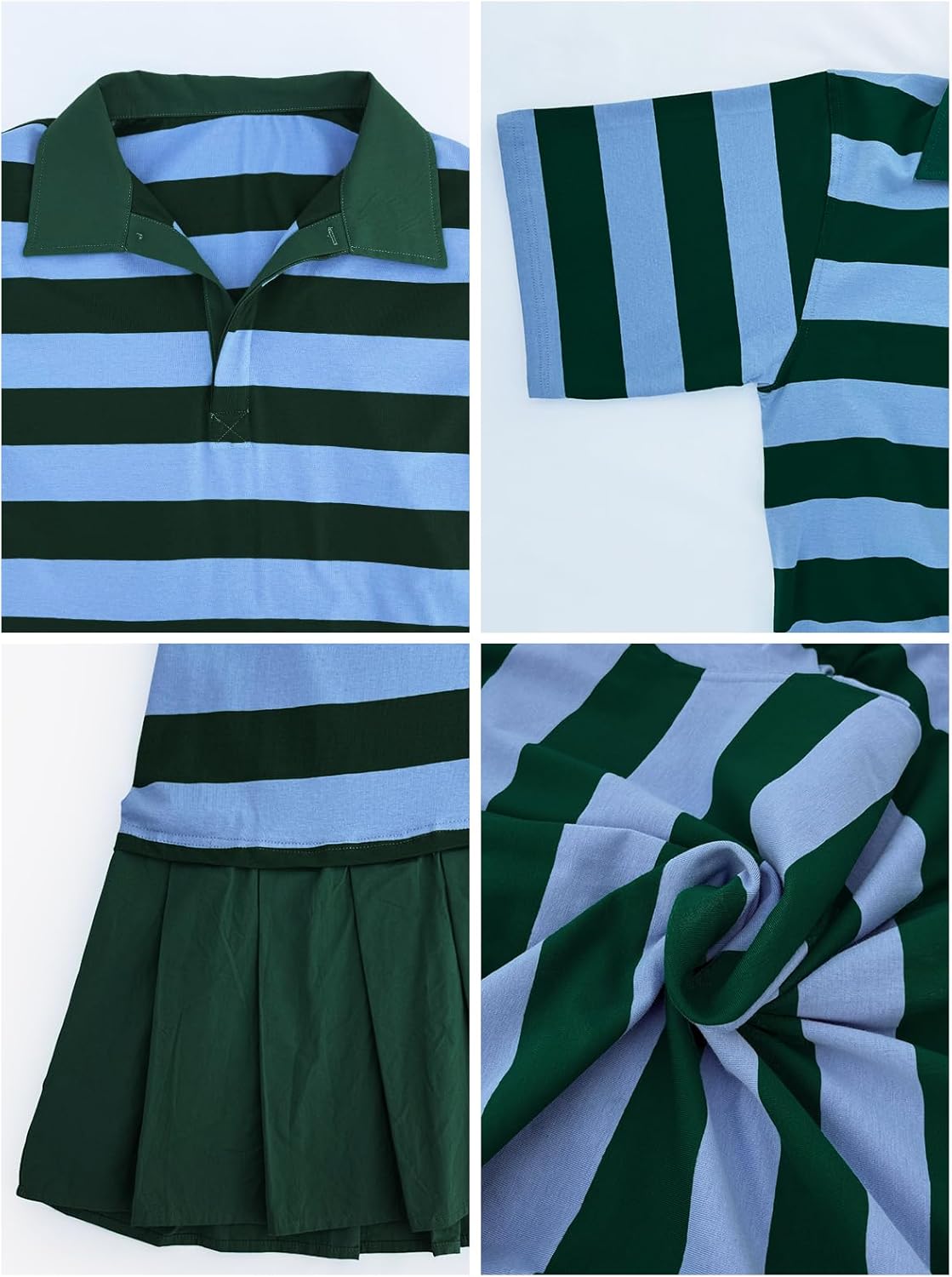 Womens Polo Collared Mini Dress 2025 Short Sleeve Striped Pleated Patchwork Flowy A Line Casual T Shirt Dresses - Image 6