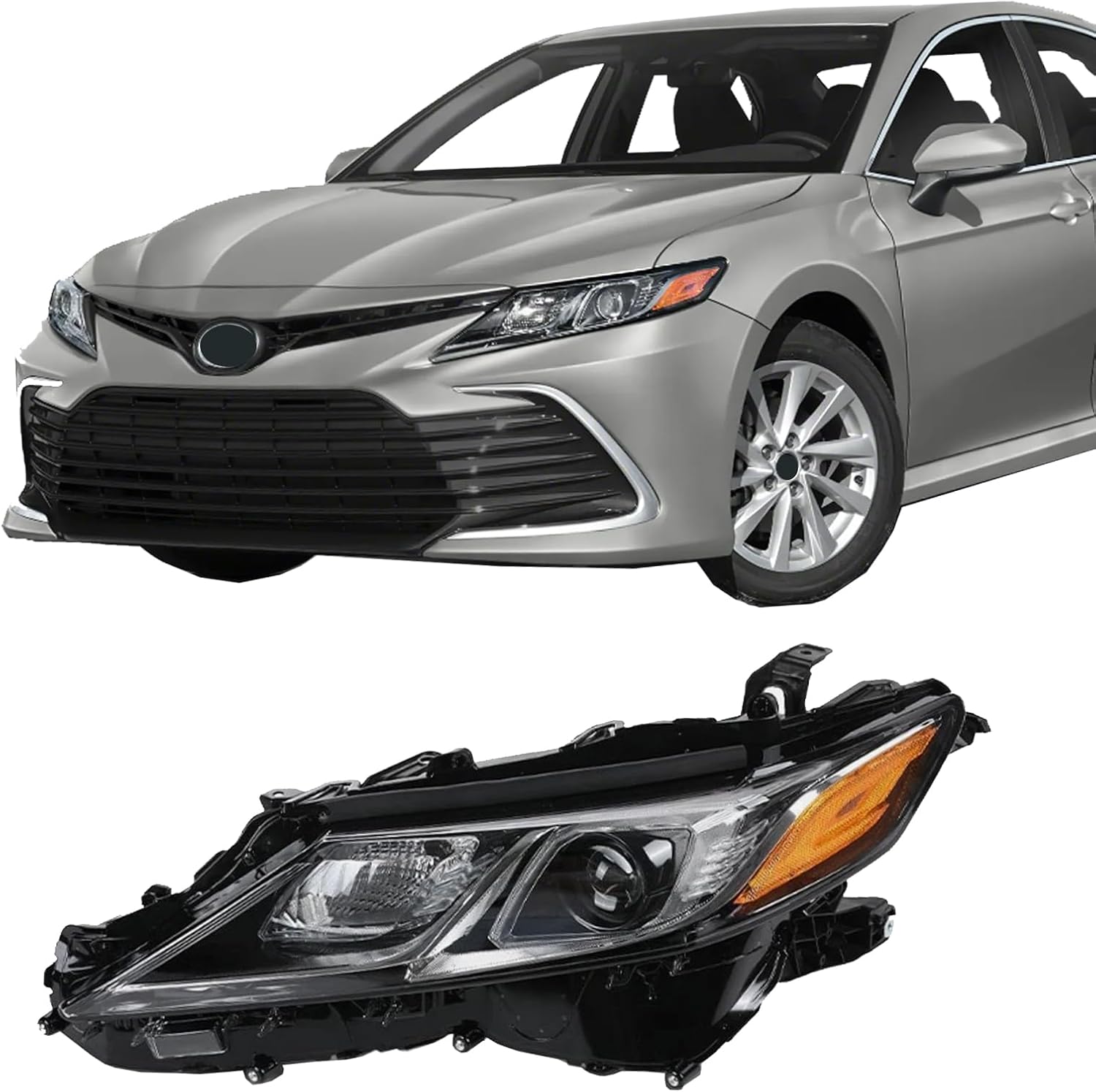 headlights fit 2018-2022 Toyota Camry L LE SE projector headlight replacements w/DRL black and chrome housings amber reflectors without bulbs LH