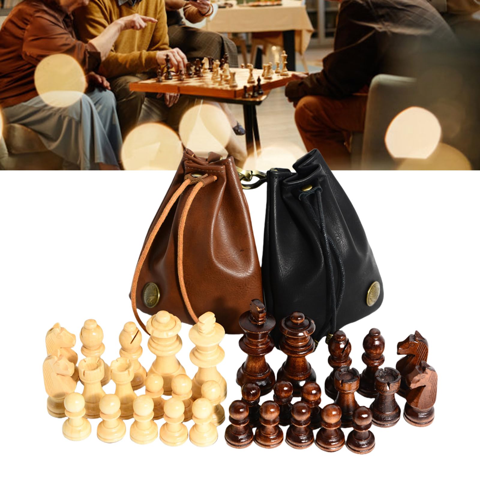 Internationale Schachfiguren aus Holz mit Tasche, handgeschnitztes Schachspiel, Spielfiguren, Schachbrettzubehör, 32 Stück