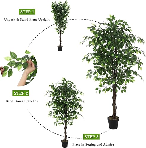 Miniatura 3 de Árboles de ficus artificiales, plantas artificiales de 5 pies con hojas de seda, musgo falso y maceta resistente, árbol de ficus falso para oficina,