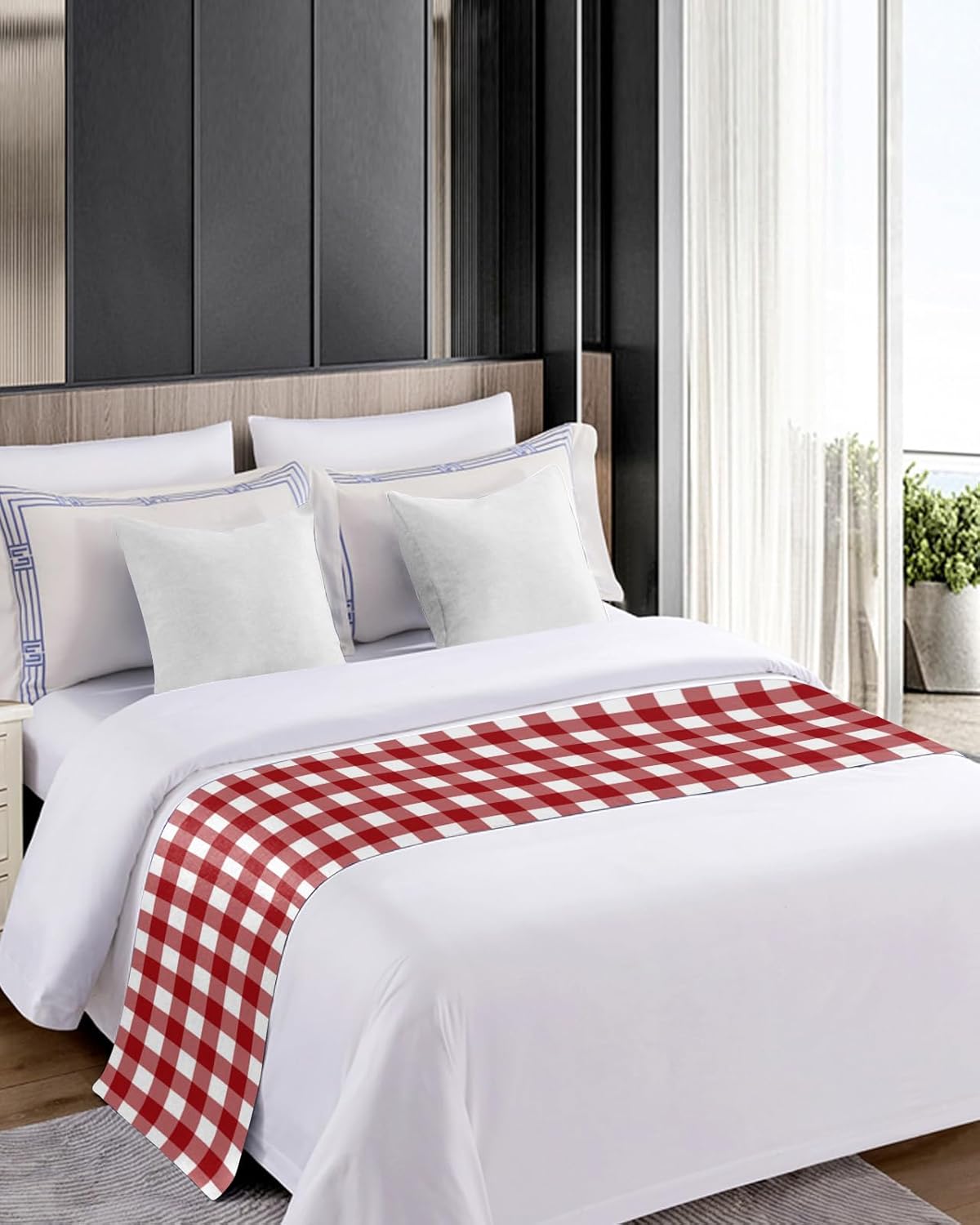 Bed Runner Scarf, Rustic Red and White Buffalo Plaid King Bed Bedding Scarves Cover Decorative Bed Scarf for Home Hotel Guesthouse Bedroom Wedding Room Guestrooms 94"x20"