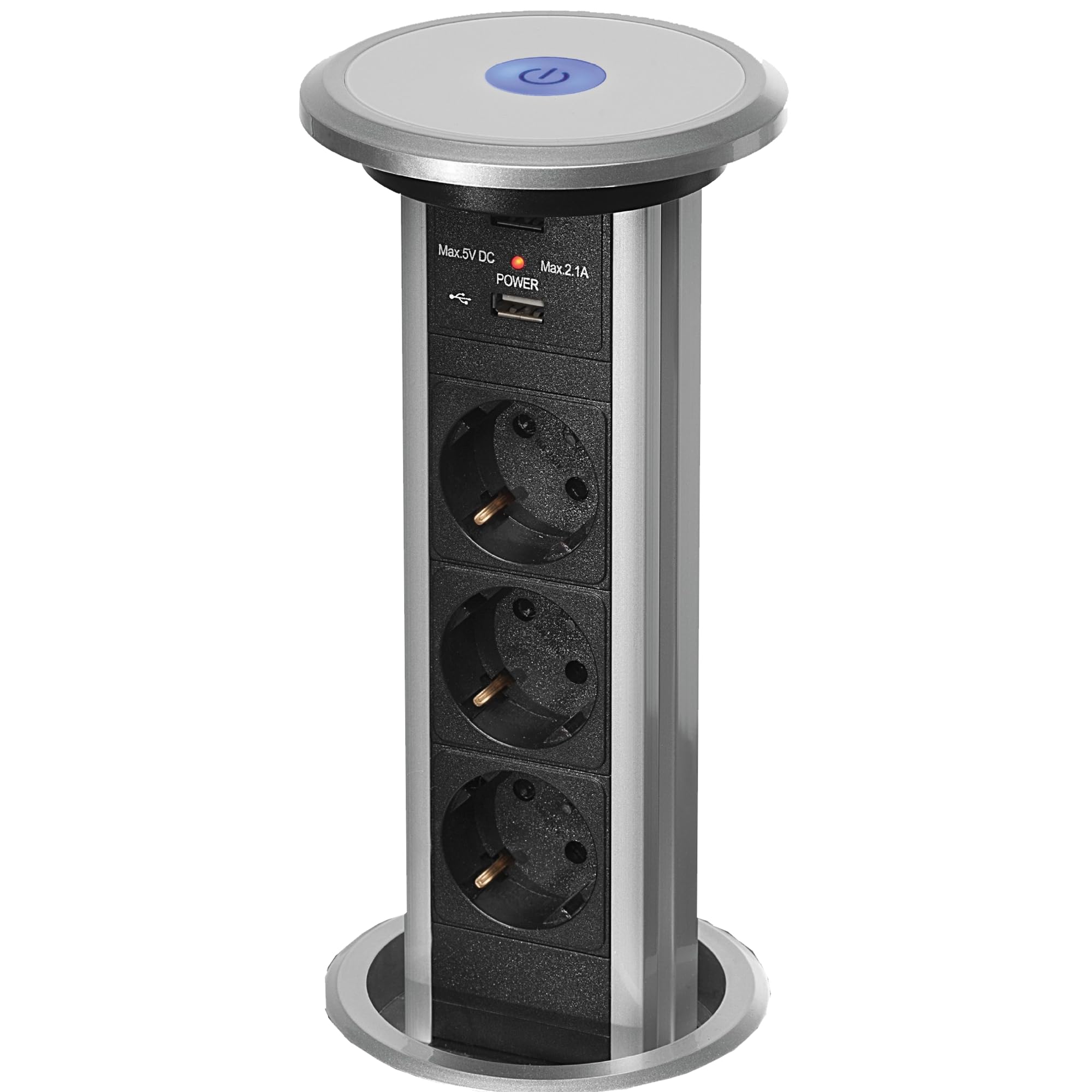 Torretta Presa Elettrica a Scomparsa Automatica – Ciabatta in Alluminio e Plexiglas con 3 Slot, 2 Porte USB, Cavo da 2 Metri – Design Moderno per Cucine e Uffici (Grigia)