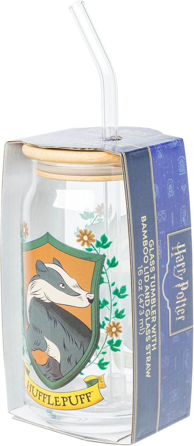 Silver Buffalo Harry Potter Hufflepuff House Crest Glass Tumbler with Bamboo Lid and Glass Straw, 16 Ounces - Image 8