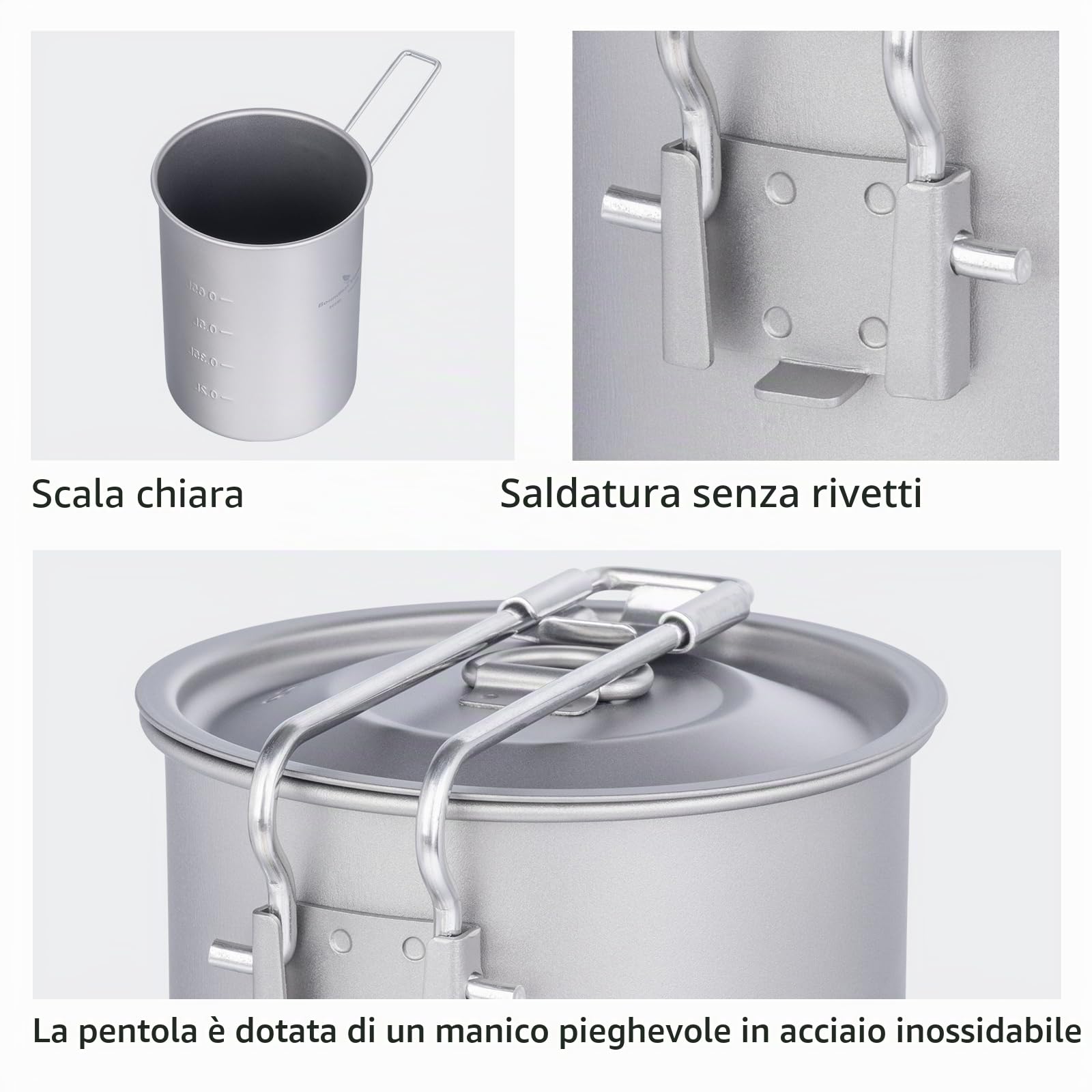 iBasingo Tazza in Titanio Vaso da Campeggio con Coperchio e Maniglia Pieghevole Pentole da Picnic per Picnic Ultraleggero da Esterno 300ml/420ml/600ml/750ml/900ml/1100ml/1250ml