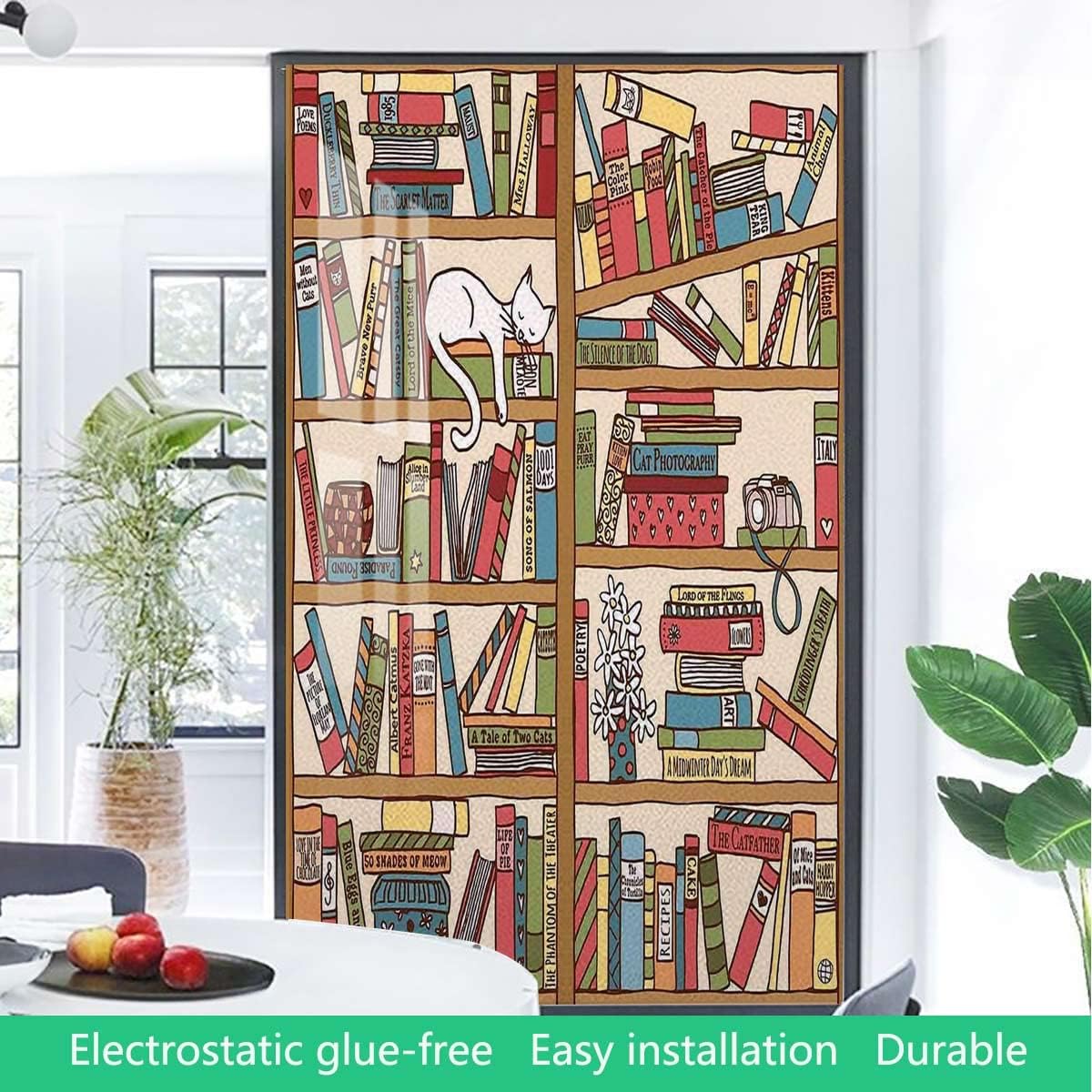 Multi Window Film Privacy Window Film Frosted Glass Film Nerd Book Lover Sleeping Over Bookshelf in Library No Glue Stained Glass Anti UV Window Paper Cat 31.5Wx62.9L-inch