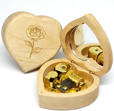LunaMelody Music Box, Rose, Wooden Wind-up Music Box, Japanese Movement, Birthday Present, Valentines Day Love Gifts, Home Decoration, Play La Vie en Rose