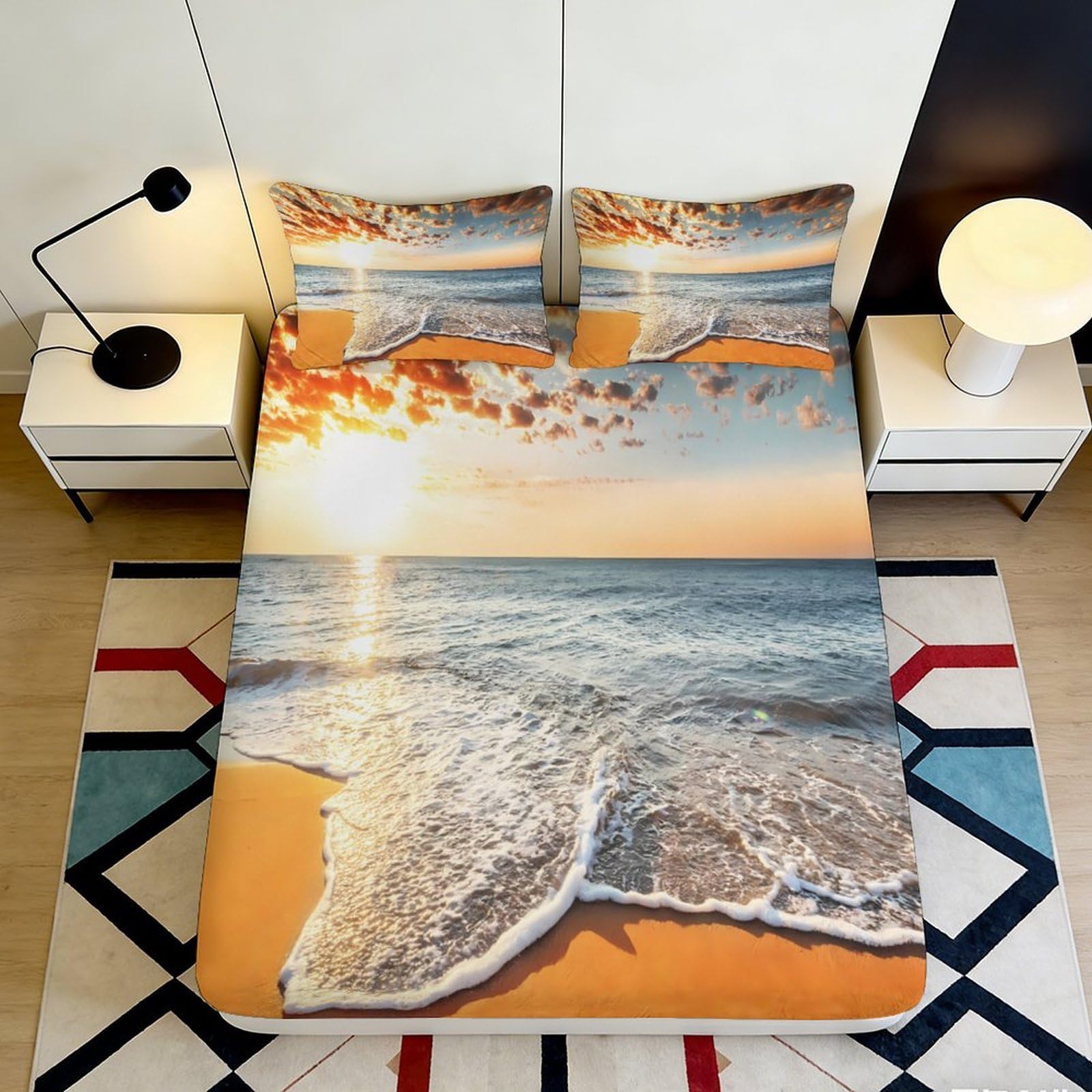 3D Printed Sunset Beach Fitted Sheet Microfiber Soft Ocean Wave Mattress Cover for Bedroom Dorm Decor 90x200x25cm