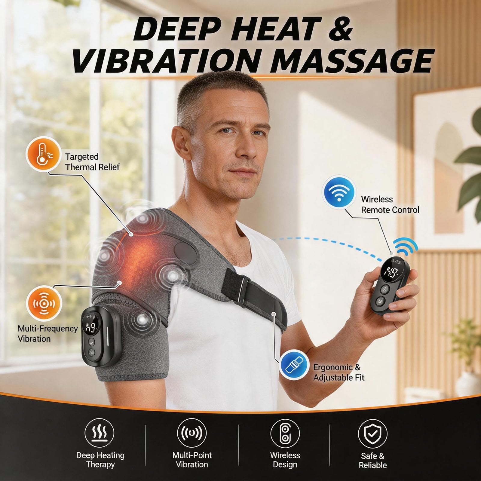 Triple Method Shoulder Massager, Schultermassagegerät Schultermassagegerät mit Wärme, 5000mAh Akku für Lange Laufzeit, 5 Vibramodi und Temperaturregelung, Funkfernbedienung (Grau)
