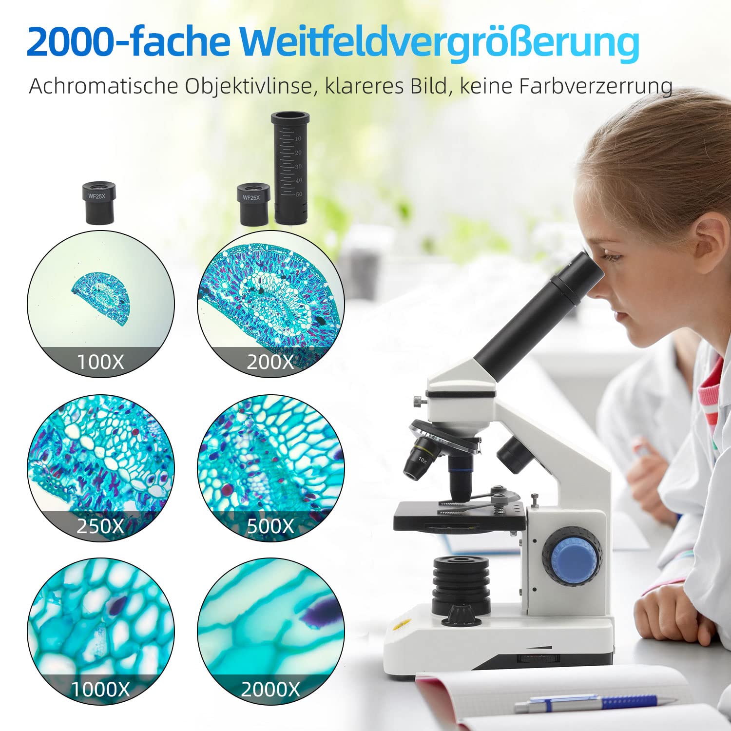 SWIFT Einsteiger Mikroskop Set für Kinder 80X-2000X Vergrößerung Monokular Verbundmikroskop mit Handy Adapter Zubehör-Kit und Tragebox SS121-25-PPA