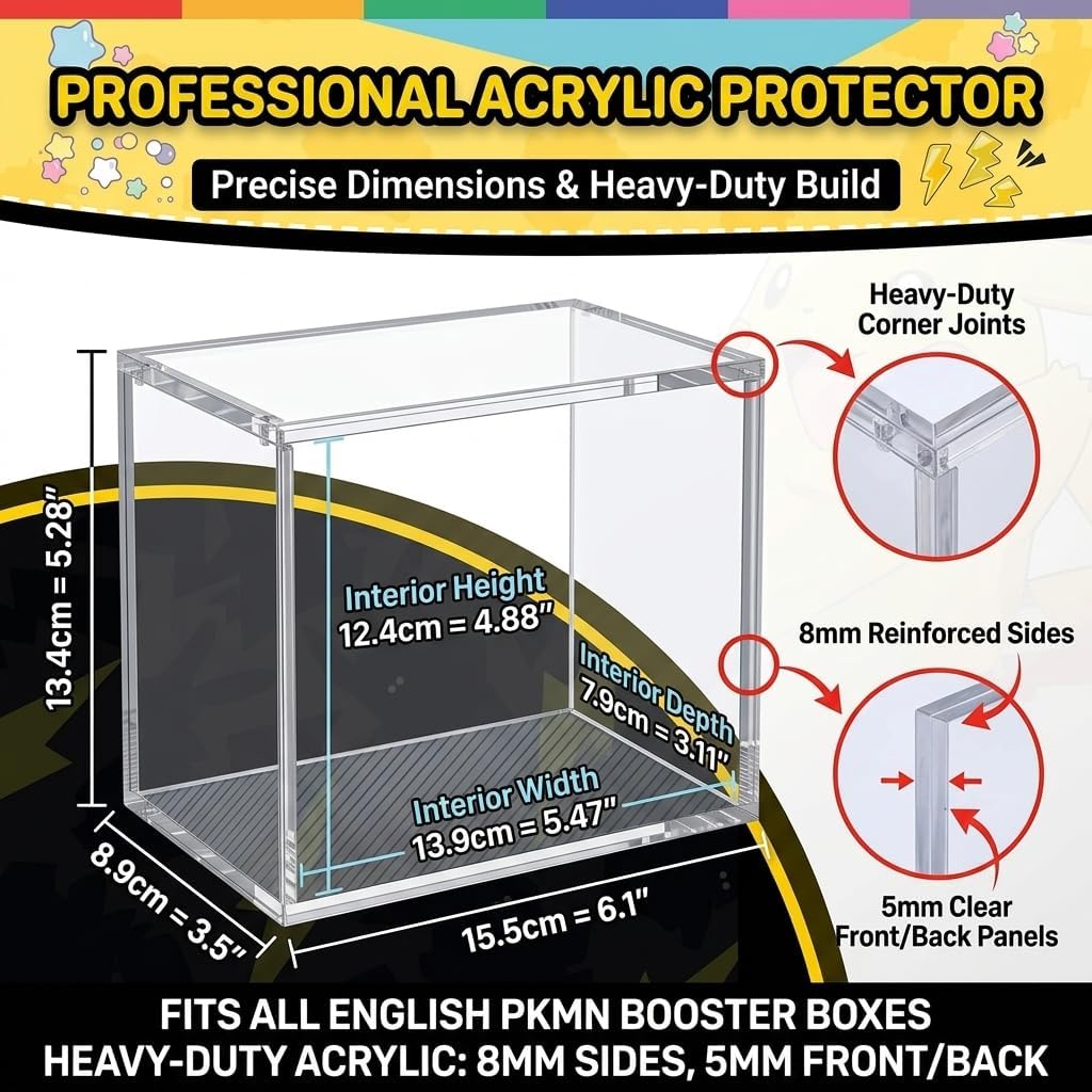 Acrylic PKMN Booster Box Case Display Stackable 1 Pack- Strong Magnets, 8mm/5mm Reinforced Edges, Dust-Proof Collector Storage Protector Case Compatible with PKMN Booster Boxes