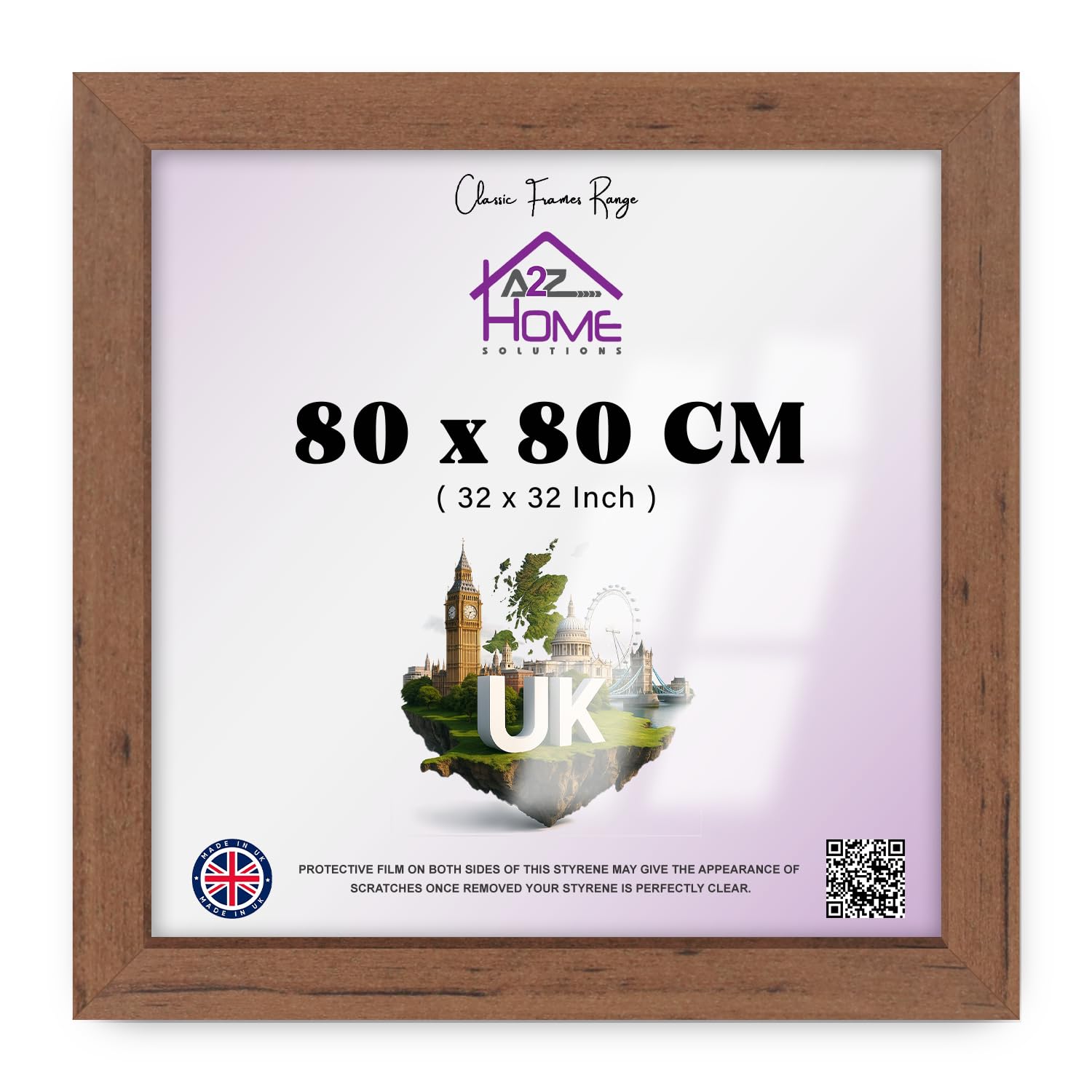 A2Z Home Solutions | 80 X 80 CM Poster Frame — Solid Engineered Wood Jigsaw Mount For Photo Picture Certificate Wall Hanging (Clear Styrene) Ideal For Home Office Display 32 X 32 Inch Walnut