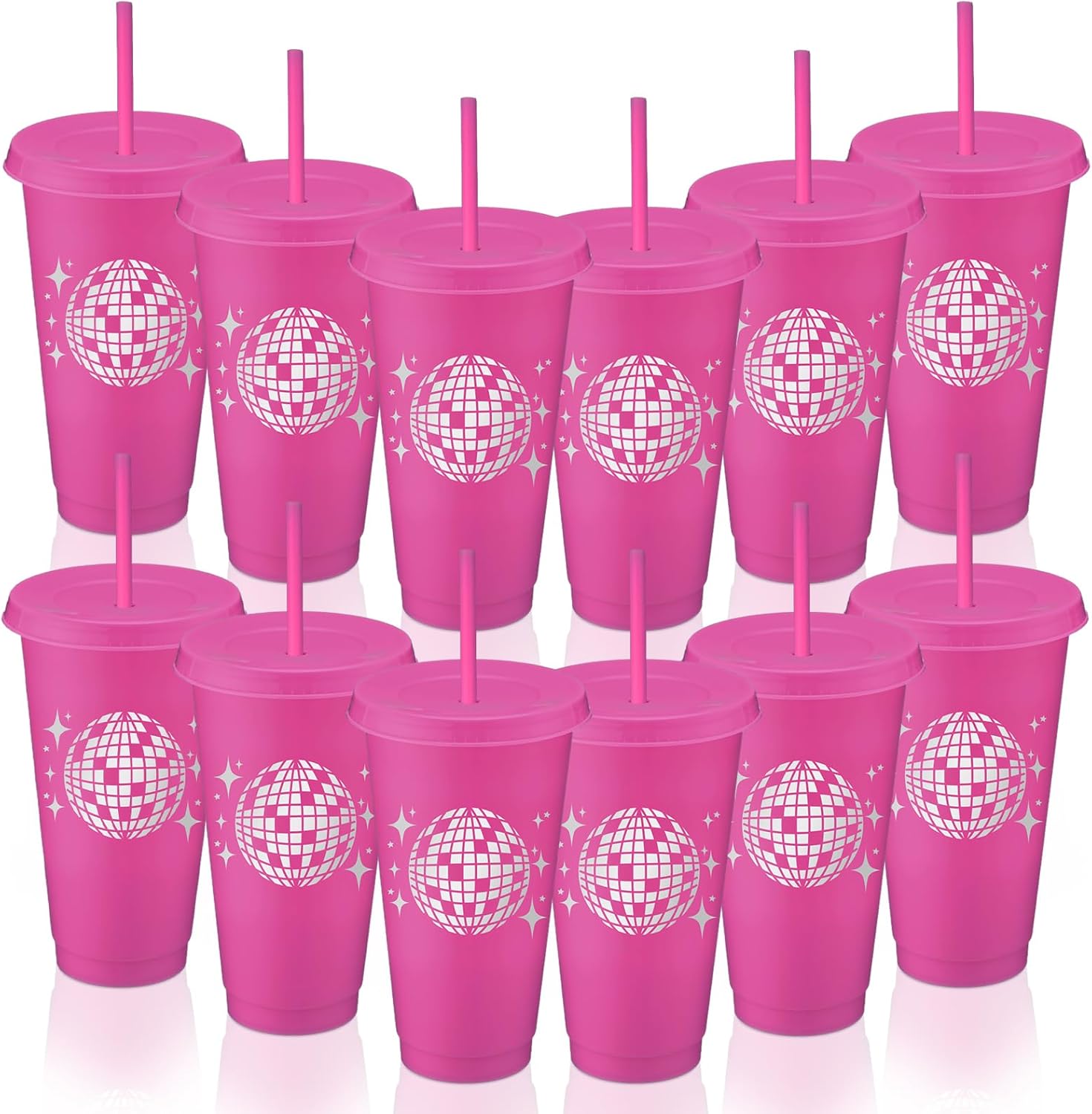 16 Pcs Disco Party Favors 24 oz Disco Ball Cups with Lids and Straws Reusable Plastic Bachelorette Cup 70s 80s 90s for Cowgirl Birthday Wedding Bridal Shower Dance Party Supplies (Rose Red)