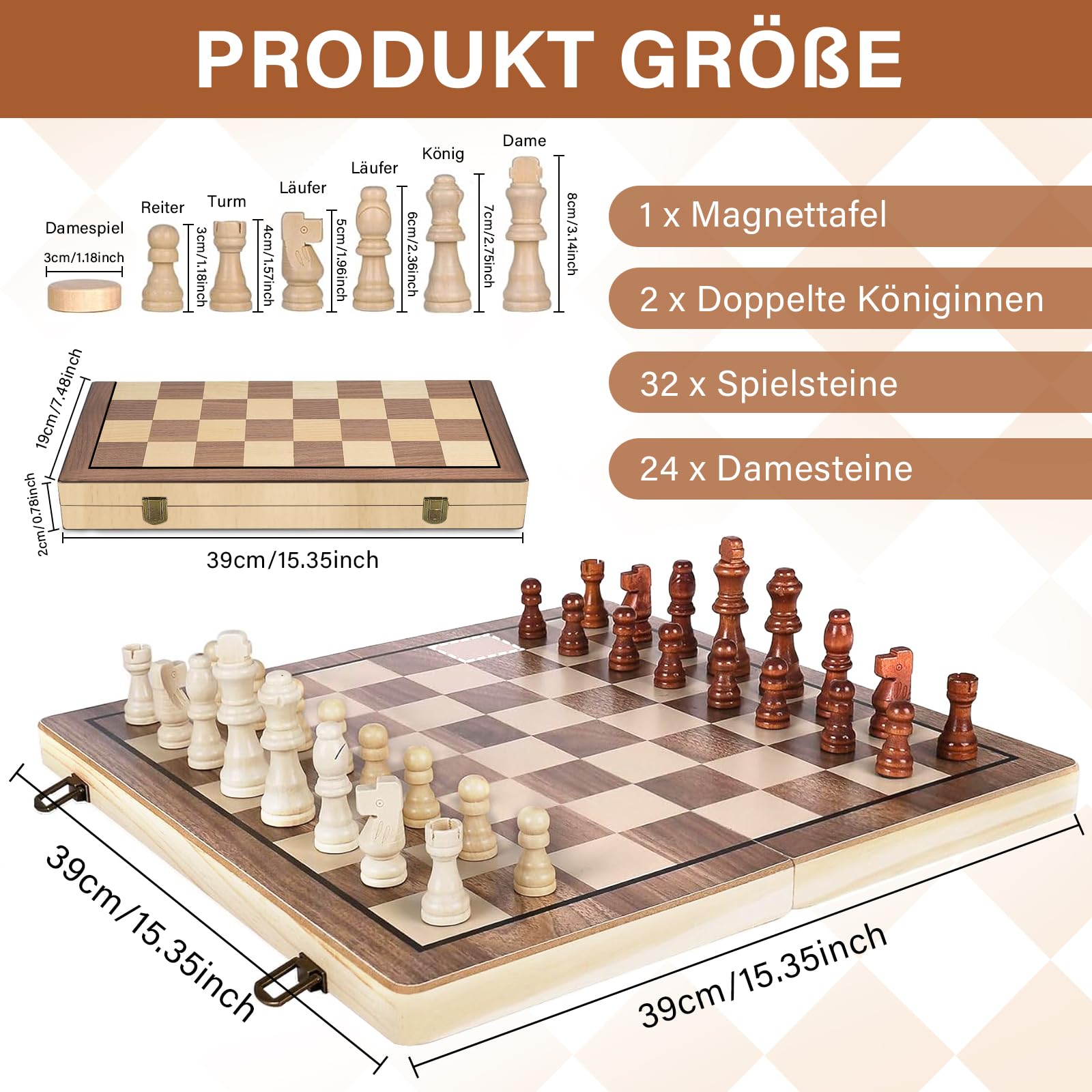 Jeu D'Échecs 39×39cm, 2 en 1 Echiquier Bois, Jeu d'Échec en Bois Pliable, Portable echiquier Magnetique, Chess Board pour Voyage Adultes et Enfants Débutants