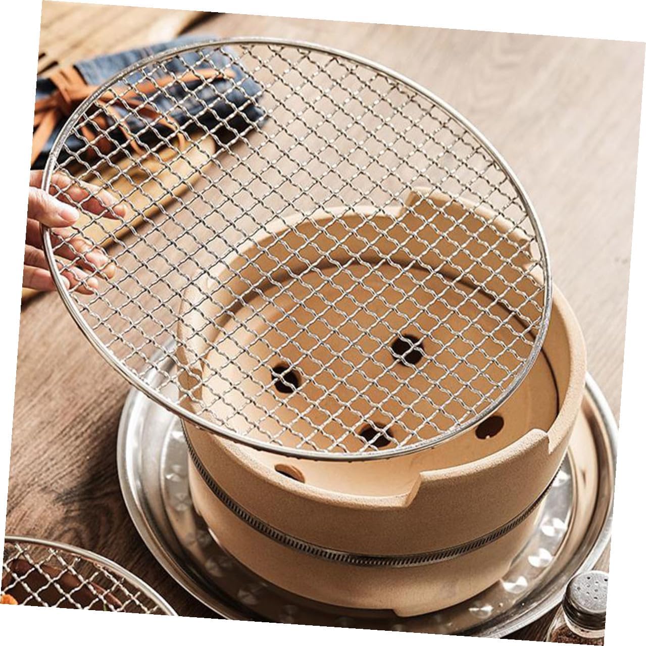 Kisangel Medium Charcoal Barbecue Stove with Stainless Steel Grill Net Set, Portable Clay Pot Base for Indoor Heating and Outdoor Camping Bbq Supplies