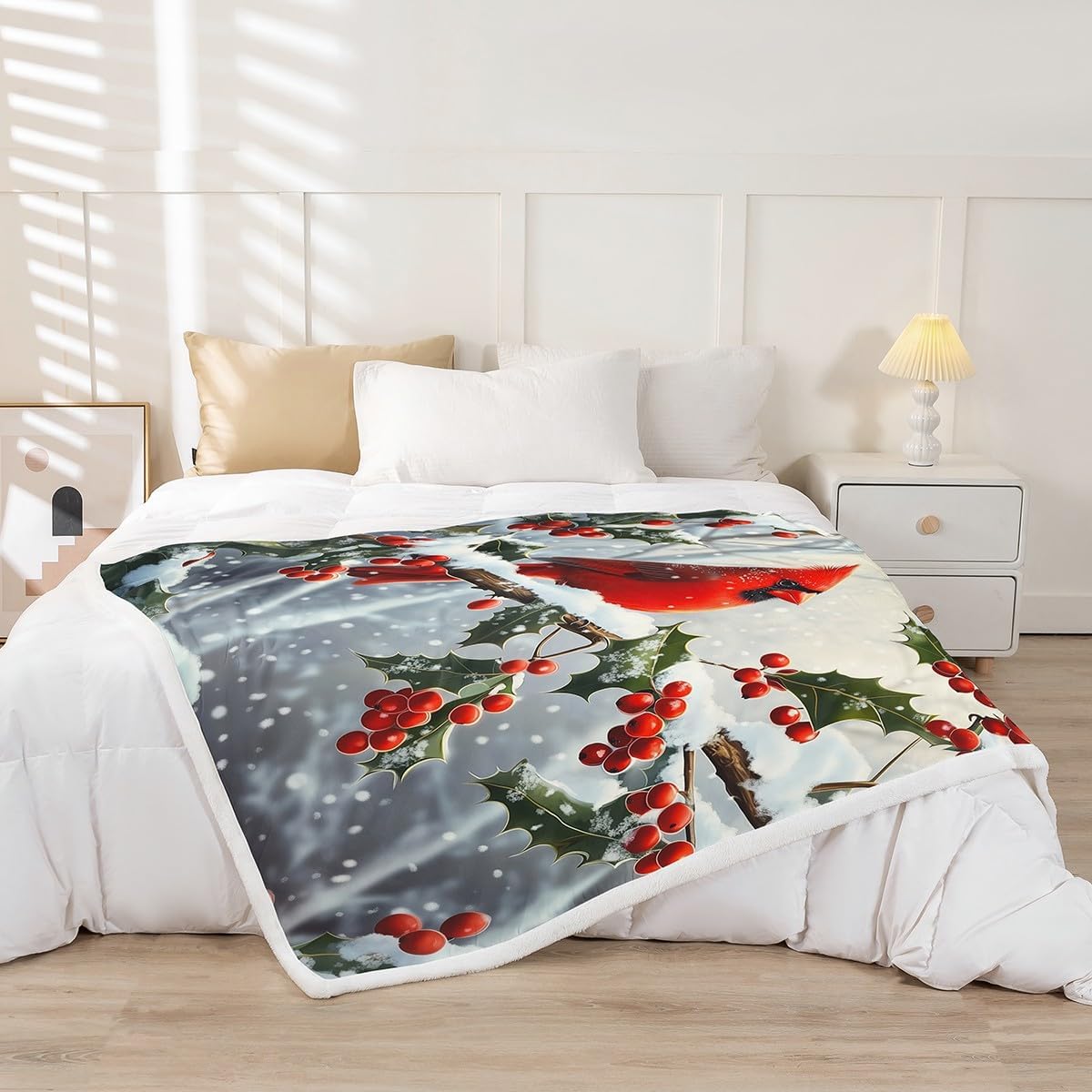 Erosebridal Red Cardinal Fleece Blanket Twin 60"X80" Winter Christmas Cardinal Sherpa Blanket for Kids Adults Bed,Xmas Branch Snowflake Throw Blanket Christmas Leaves Fuzzy Blanket