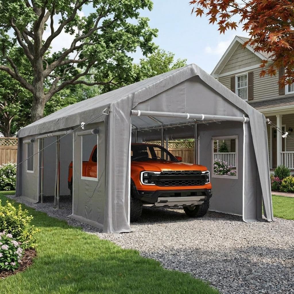 GarveeHome 20'X10'x11' Windproof Carport Heavy Duty, Reinforced Poles & PE Canopy, Extra Large Anti-High Wind Portable Garage for Full-Sized Pickup Truck and Bass Boa