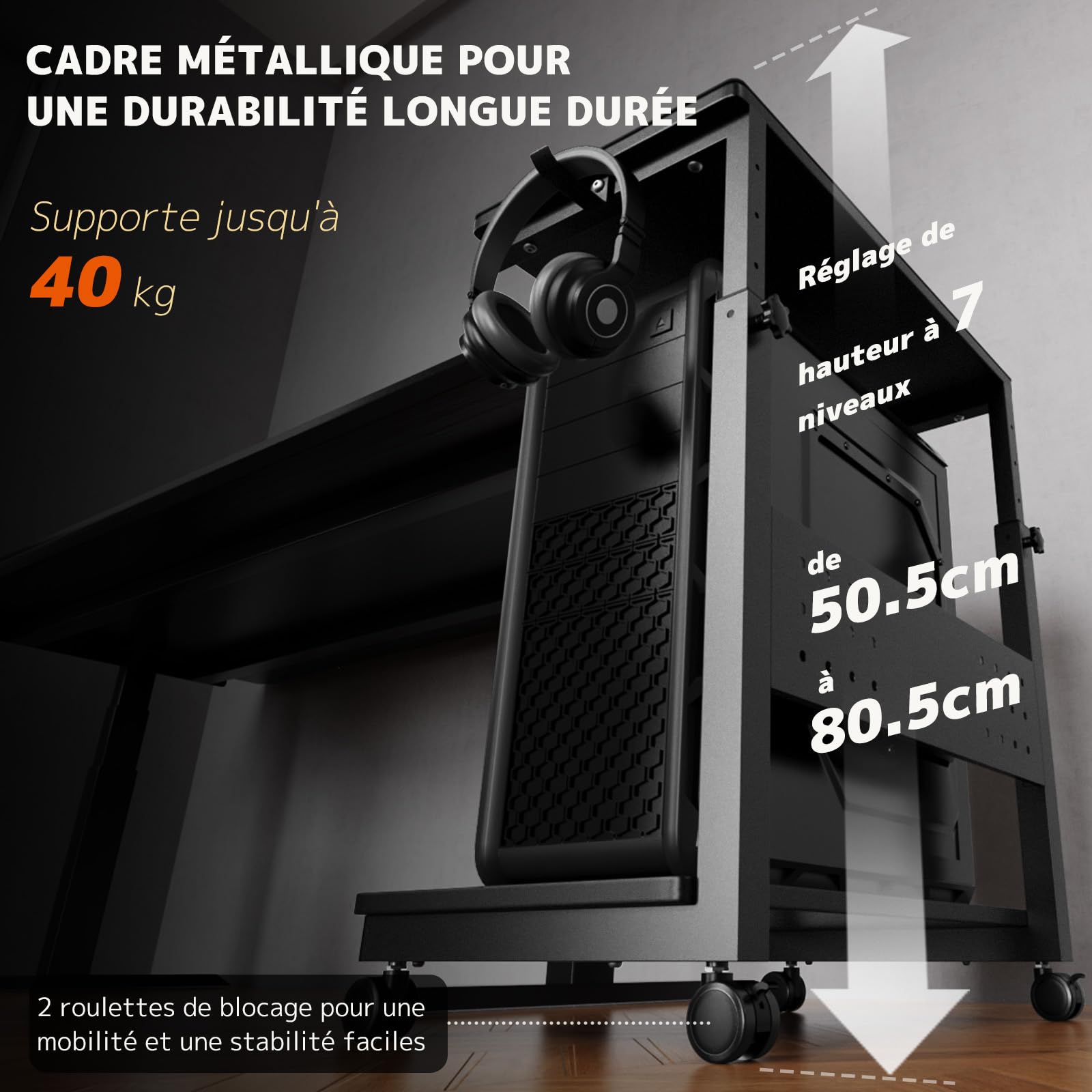 PUTORSEN Support Tour PC Réglable Hauteur à 2 Niveaux, avec Roulettes et Tapis de Souris, Support PC sous Bureau pour Boîtier ATX jusqu'à 40kg/Niveau, Support pour Imprimante de Bureau Domestique,Noir