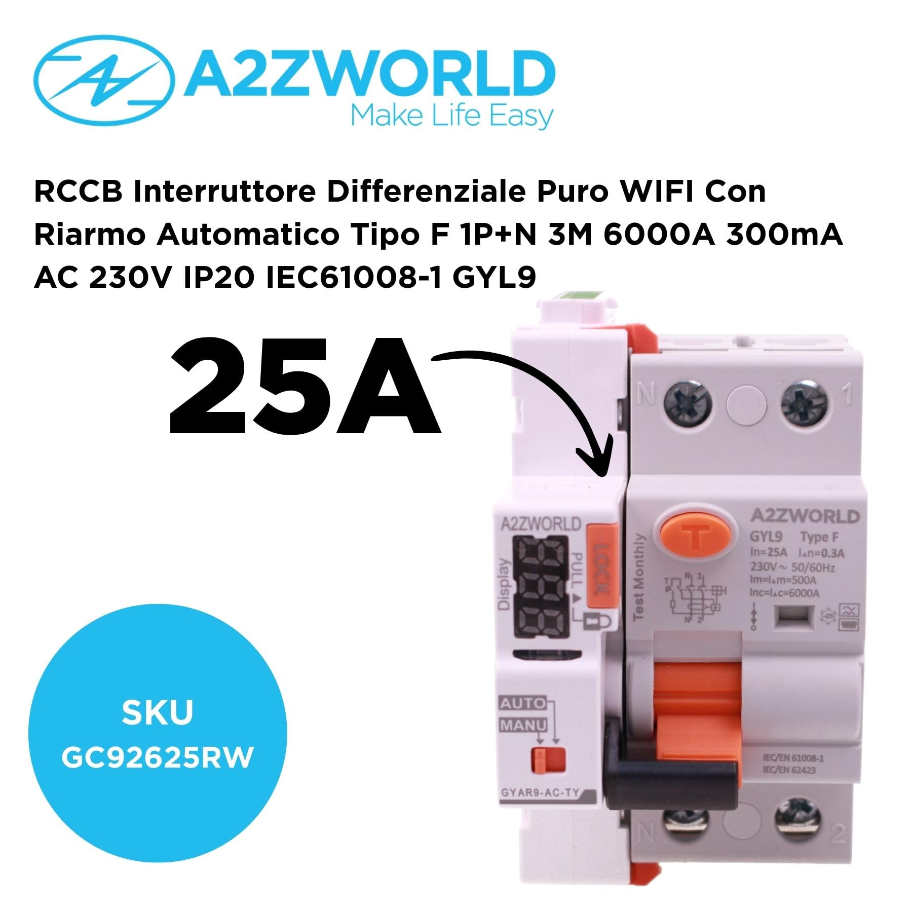 Interruptor Diferencial WiFi Tipo F 63A 300mA Autorrearmable, APP Tuya Smart Life, 1P+N 6kA, 3 Módulos, Selectivo 0,3A, Control Remoto