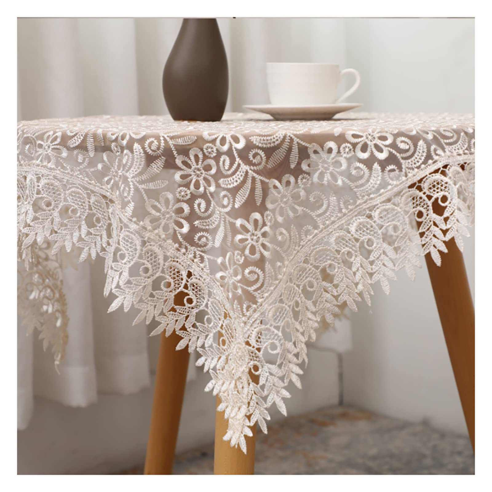 Durchsichtige Bestickte Tischdecke Im Bauernhaus-Stil Mit Spitze, Klassische Spitzen-Tischdecken Für Hochzeiten, Party-Couchtisch-Dekoration,Beige,Round-220CM(86.6 Zoll)