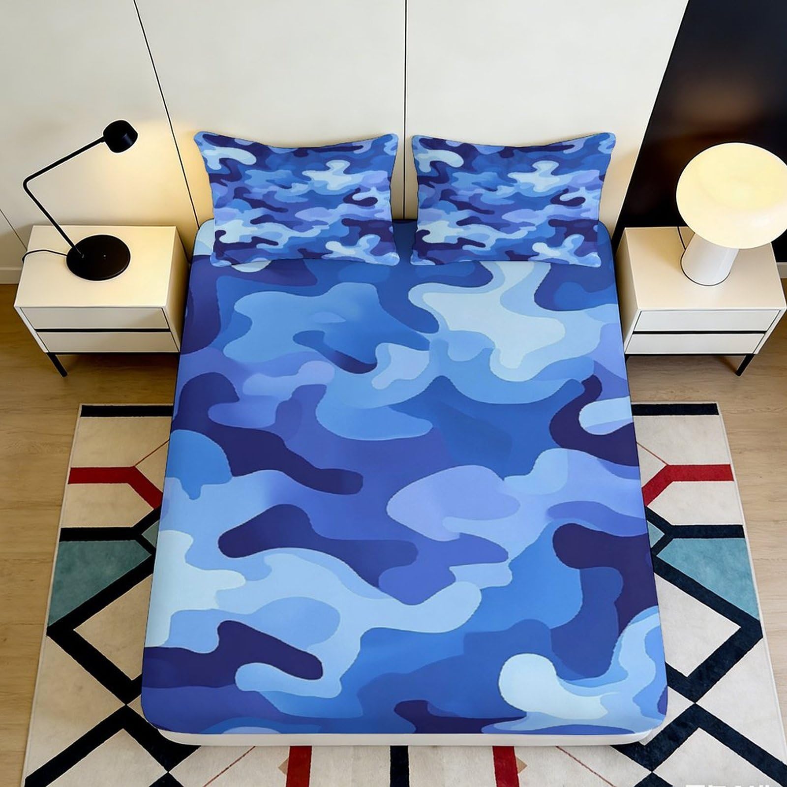3D Printed Blue Camo Fitted Sheet Microfiber Deep Pocket Bedding Set Non-Slip Blue Camo Mattress Fitted Cover Washable 180x200x25cm