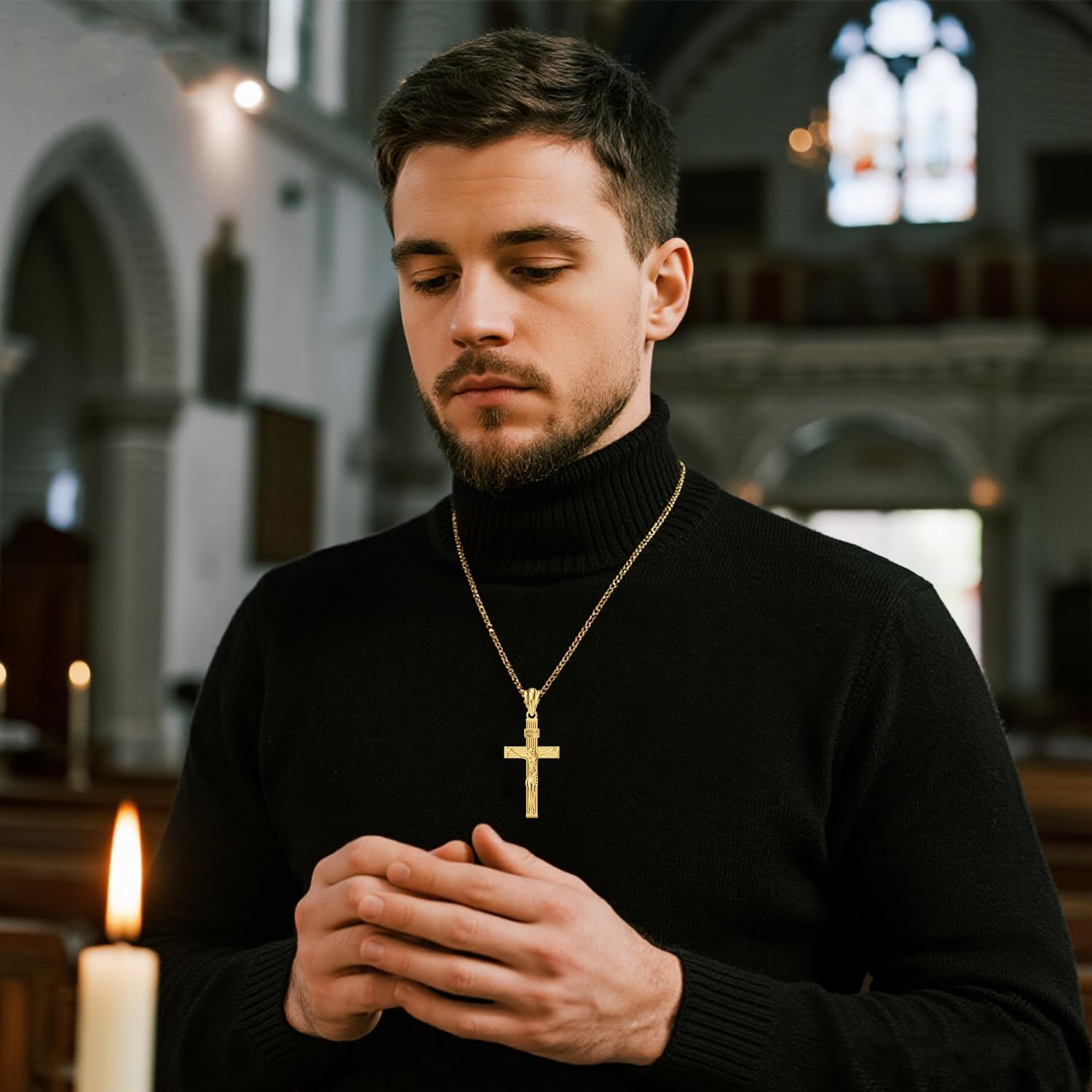 14K Gold Cross Necklaces Pendant for Men & Women, Solid Crucifix Cross Jewelry Charms for Husband, Wife Thin, Gender-Inclusive Cross Necklace Charm (A) - Image 3