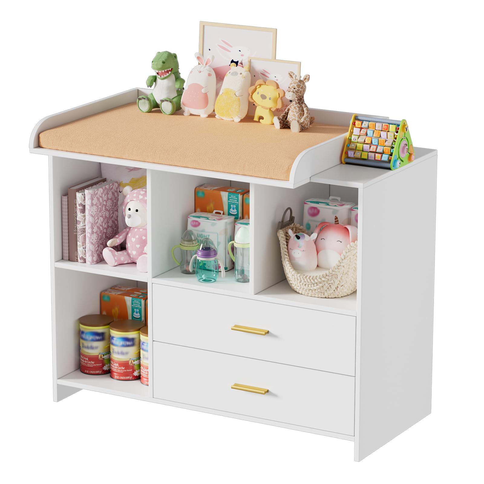 MSFE Cambiador bebe 2 en 1 Mueble Cambiador Bebe, Cómoda con Desmontable Comoda Cambiador, 2 Cajones y 3 Compartimentos, Cajonera de 94.7x40x81.2cm, Blanco