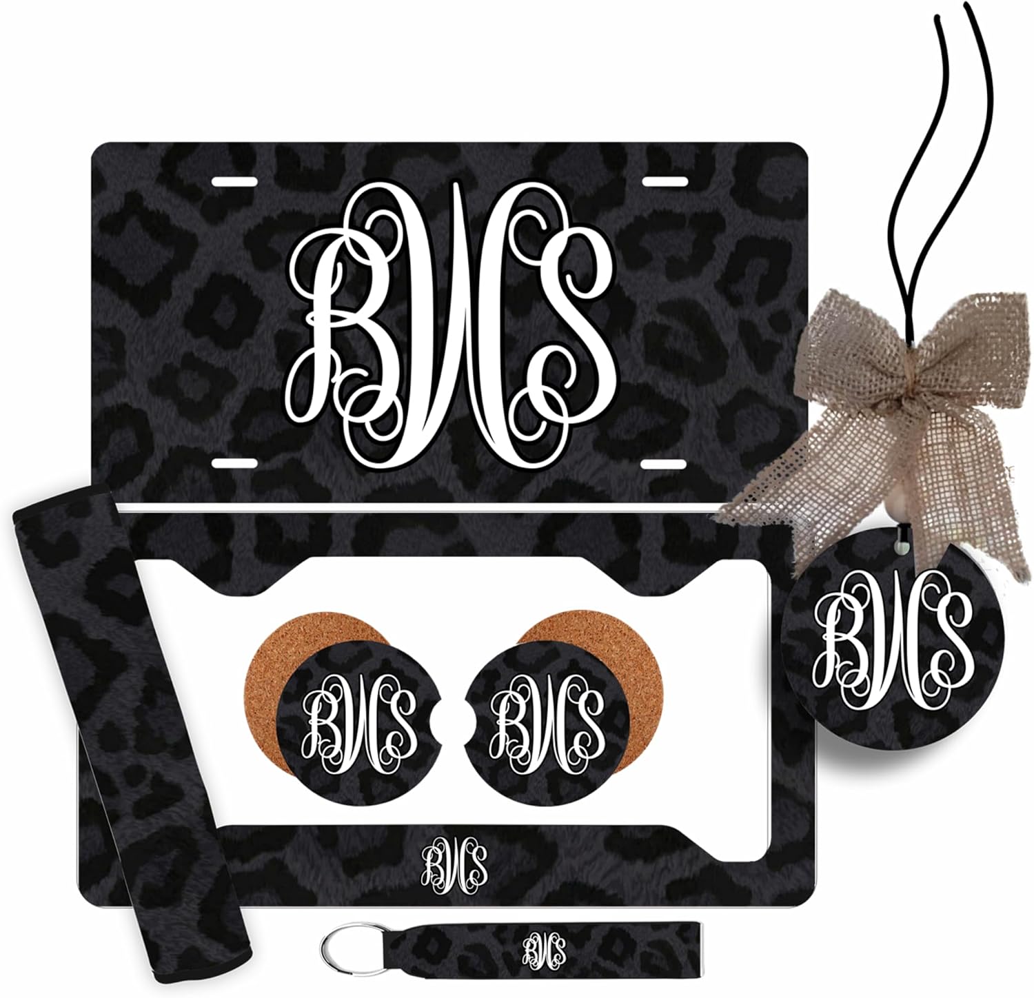 Personalized Monogram Car Accessories, Cheetah Leopard White Design