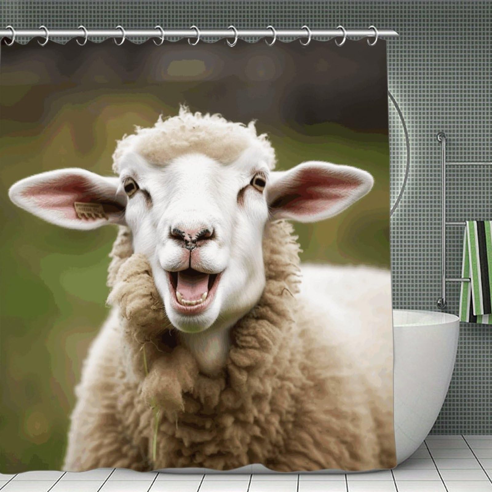 Funny Naughty Sheep Tongue Cute Animal Shower Curtain Waterproof Bathroom Curtain with Hooks Luxury Weighted Bath Curtains for Bathtubs Showers Room Dividers Decorative Shower Curtains 71x71 In