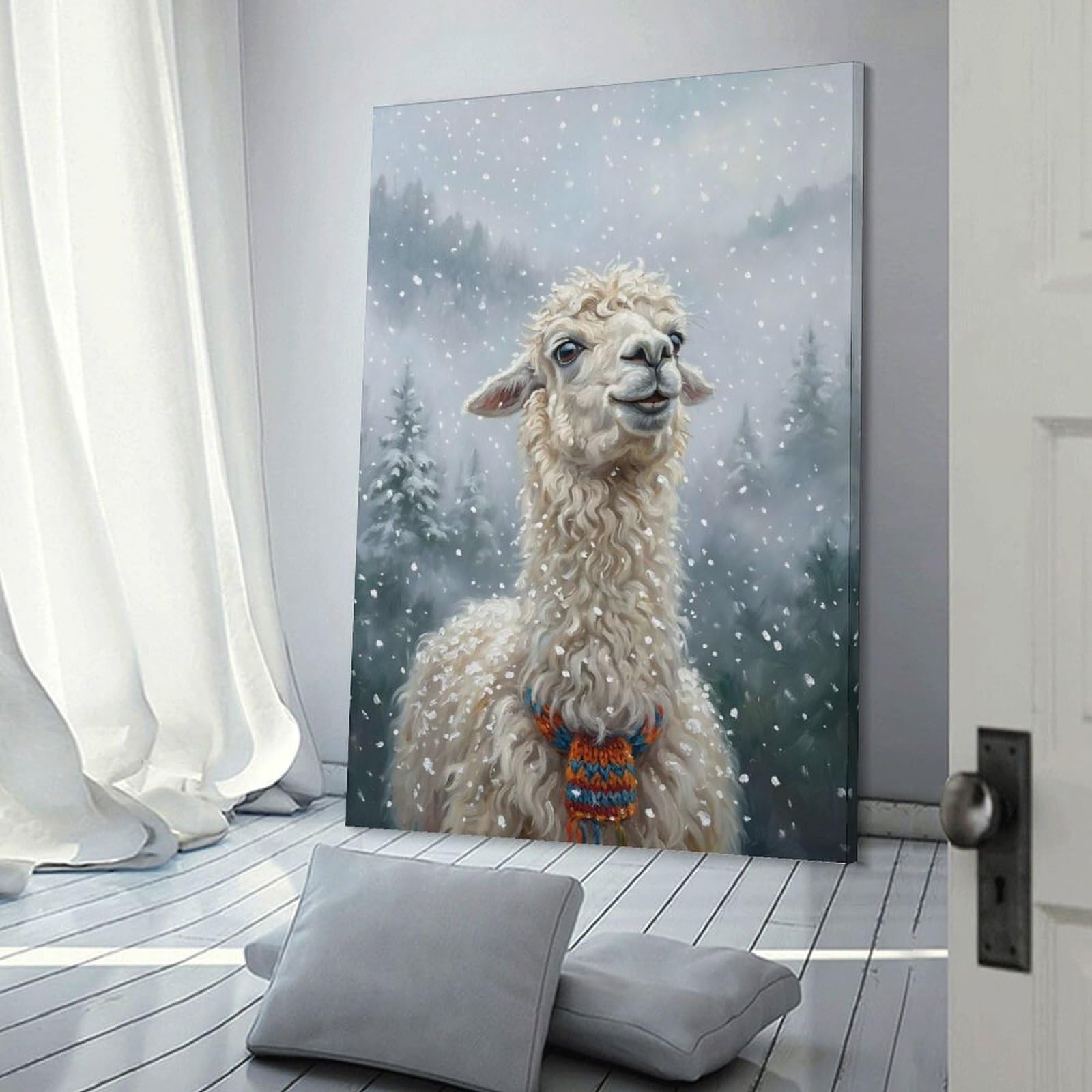 Junmoney Llama in A Snowy Forest Wall Picture Print, 20x30inch(50x75cm), for Flats, Guest Rooms Or Compact Rooms, Decorative Canvas Decor for Home Updates