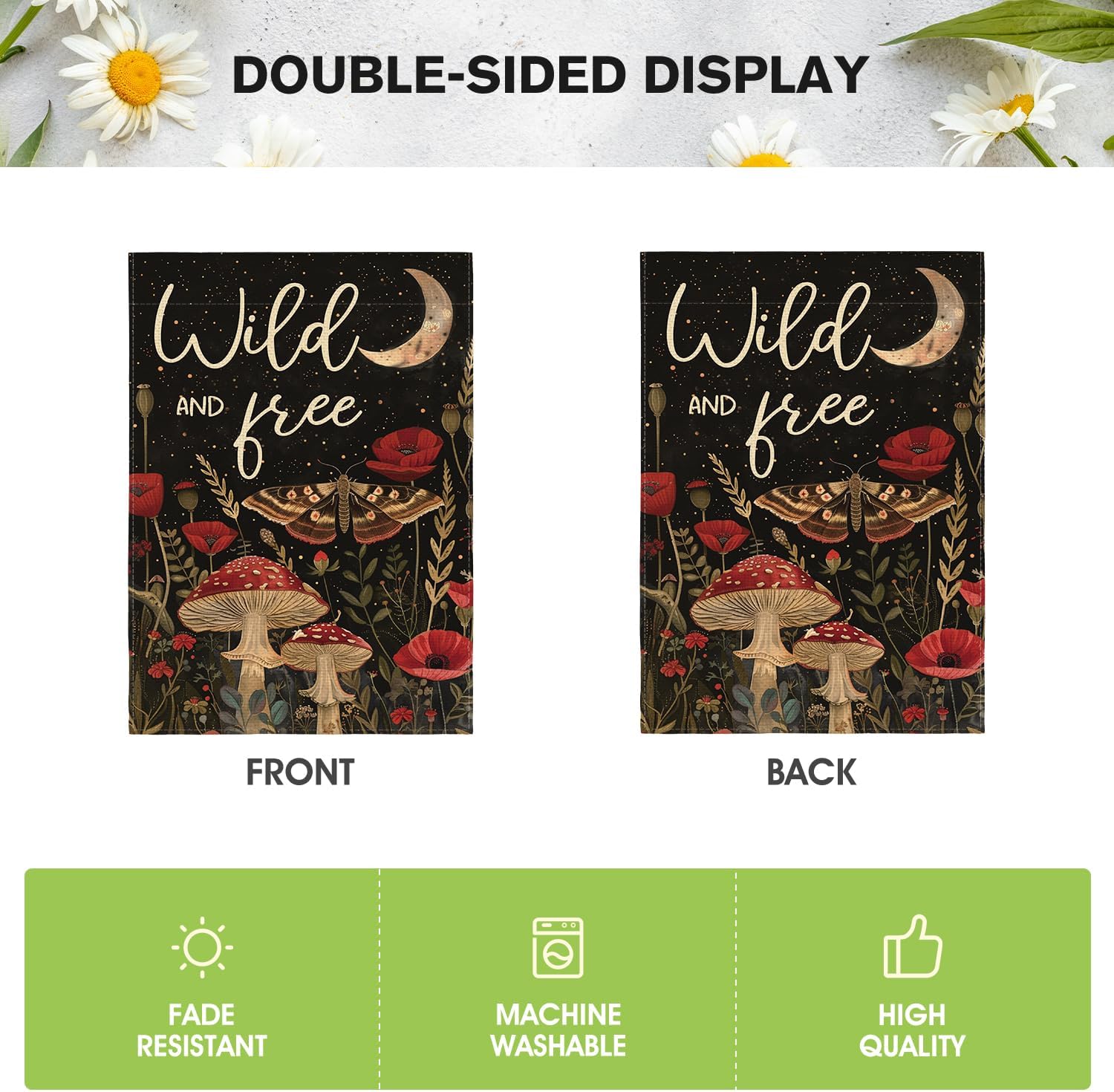 AVOIN colorlife Wild and Free Garden Flag 12x18 Inch Double Sided Outside, Mushroom Moon and Moth Yard Outdoor Flag - Image 6